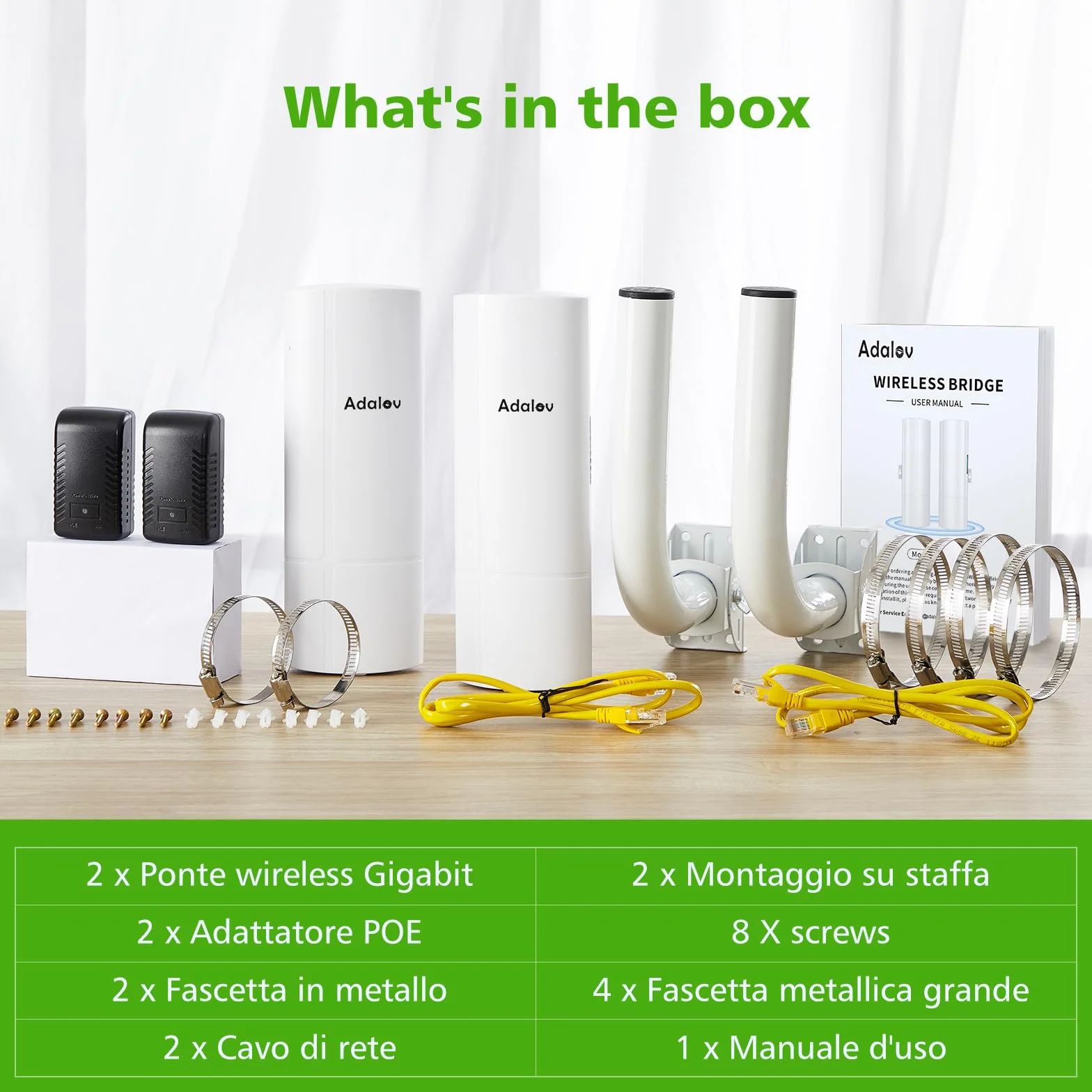 AdaLov CPE366 Ponte Wireless Gigabit Punto-Punto, 5.8GHz 3KM Bridge Wi-Fi da Esterno con Staffe, Zero Scavi per Telecamere/Chalet/Casa Vacanza/Garage/Fattoria/Campeggio, Plug & Play, IP65 Impermeabile