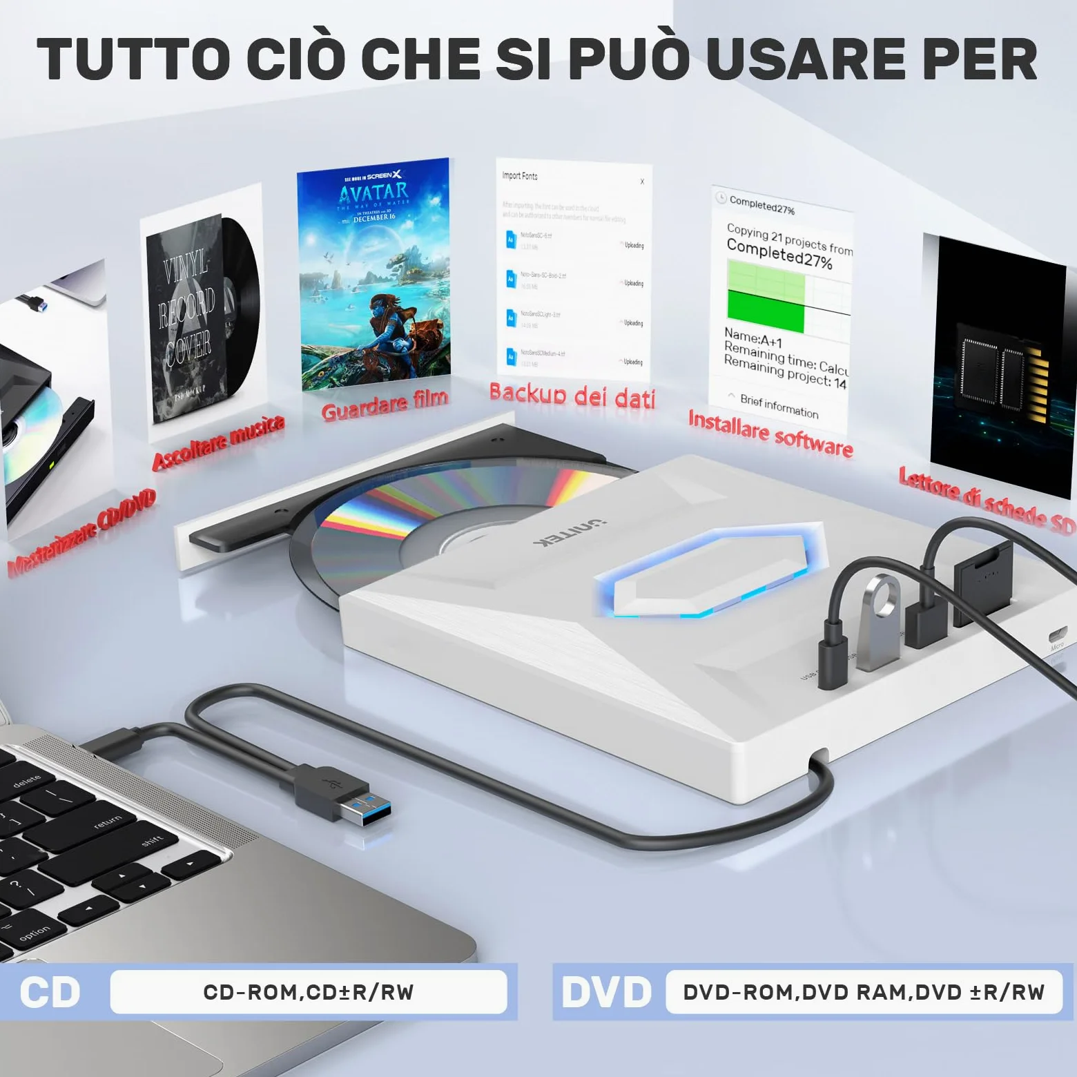 UNITEK Masterizzatore esterno USB 3.0&Type C Unità CD/DVD esterna -/+RW con slot per scheda SD per PC Laptop, Desktop, Portatile, Macbook Pro/Air per Windows 11/10/8.1/7/XP/Vista/Linux/MacOS