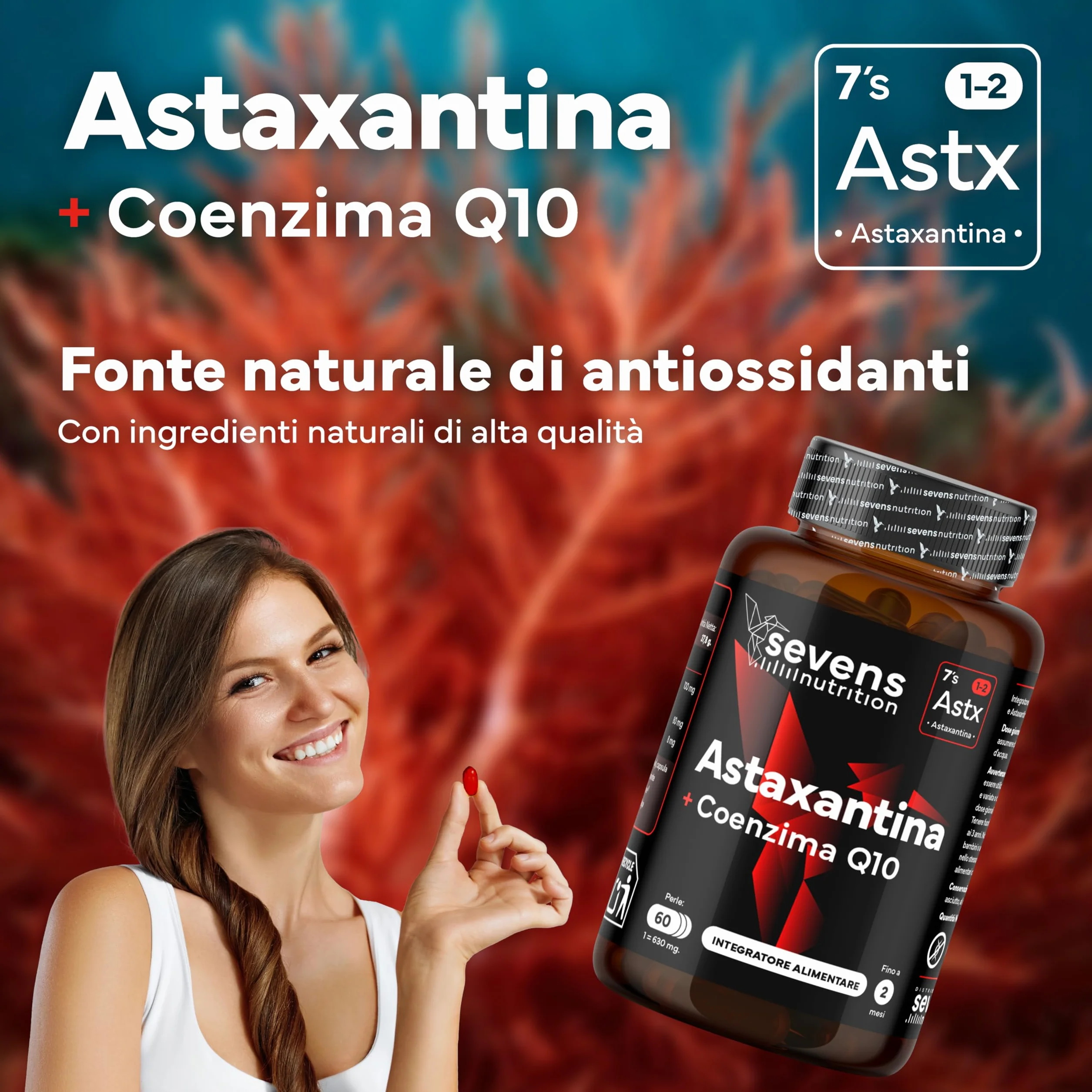 Astaxantina Naturale Pura AstaPure® 8 mg Integratore Antiossidante con Coenzima Q10 e Olio Extravergine di Oliva