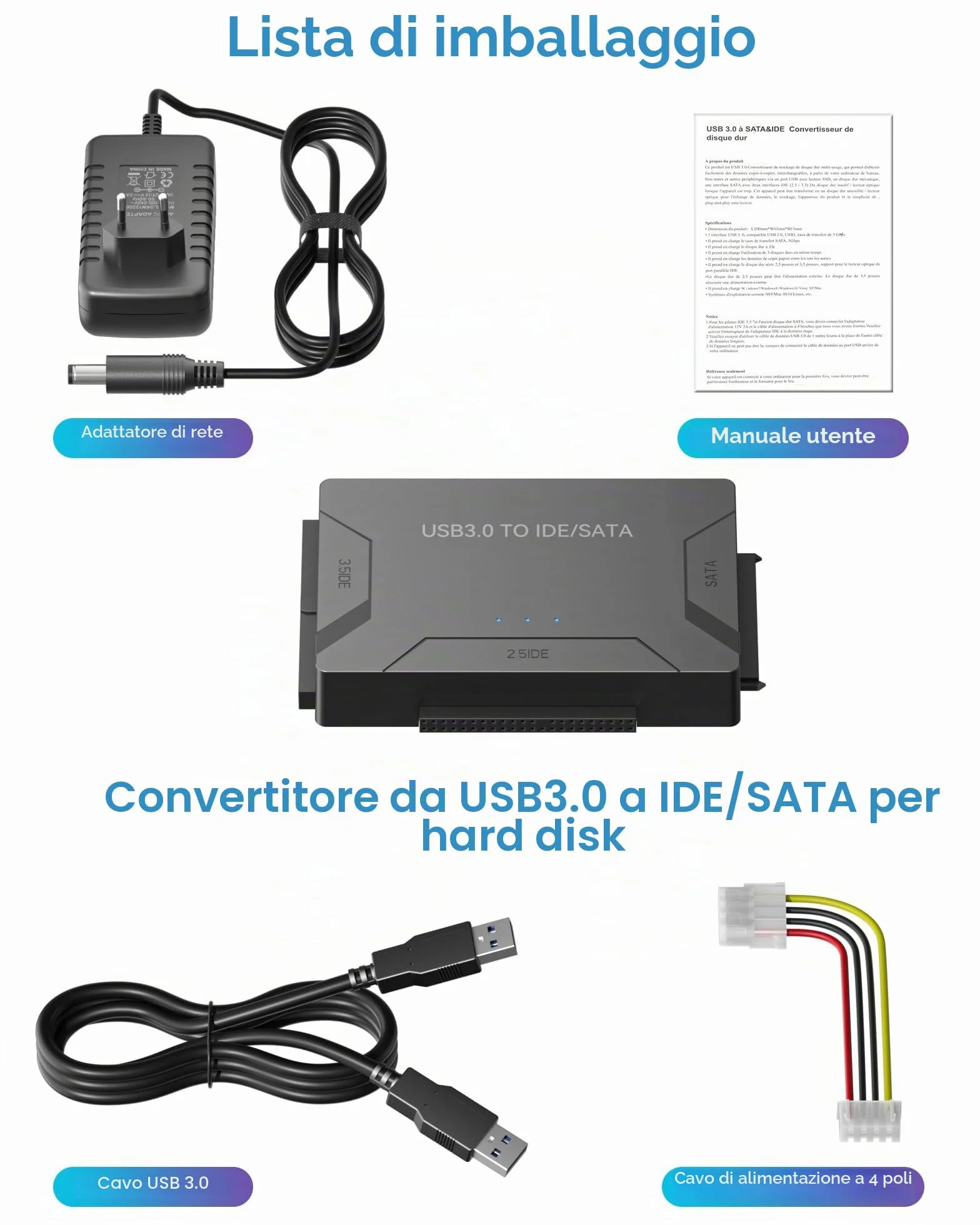 Adattatore IDE USB 3.0, USB 3.0 a SATA universale per dischi rigidi 2,5 e 3,5 pollici HDD/SSD con alimentatore 12 V 2 A