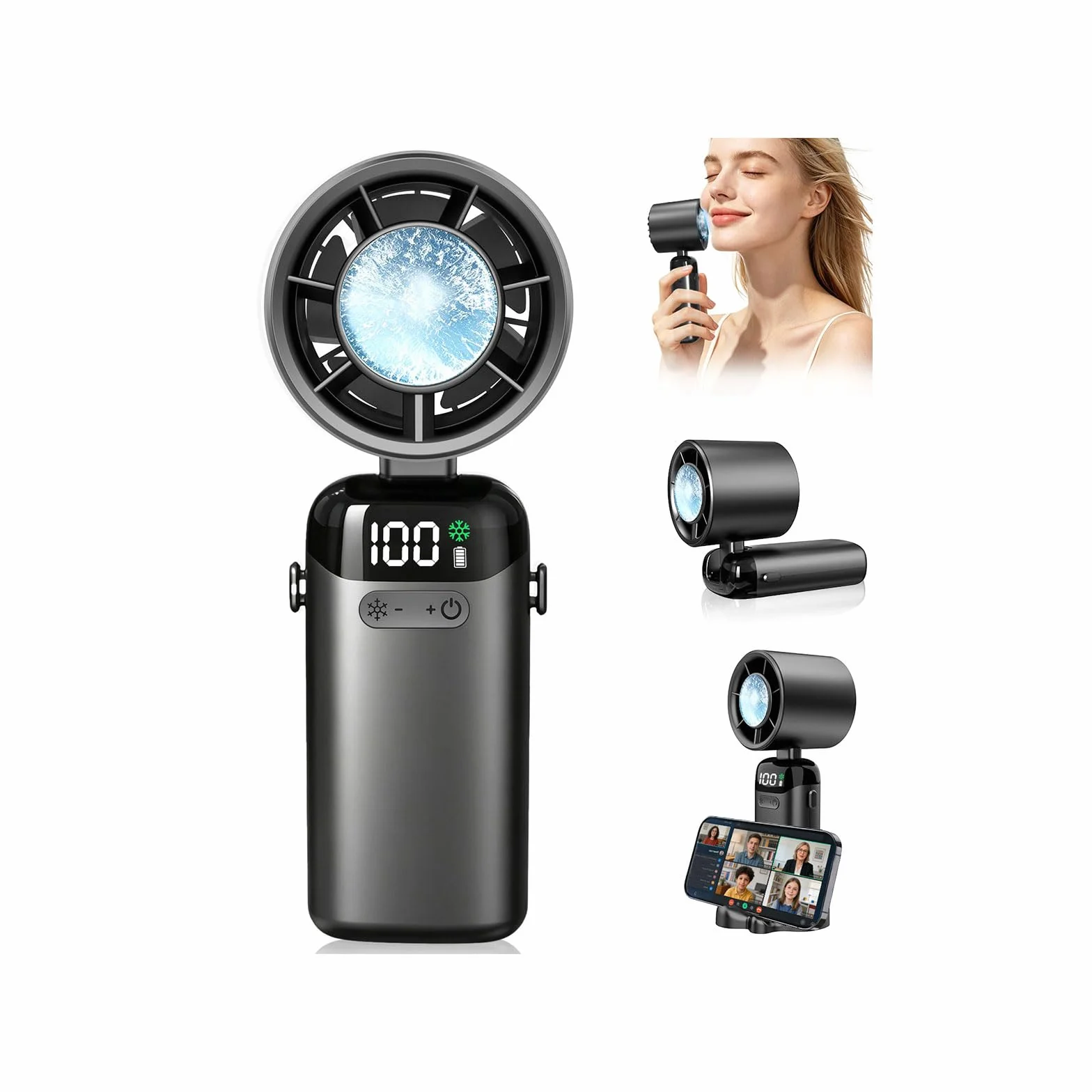 DDKJ Ventilatore Portatile Pieghevole con Piastra Rinfrescante, Ventilatore USB 4000mAh Turbo 1-199 Velocità, Autonomia 13 Ore, Display LED, Supporto Telefono per Cucina, Relax e Videochiamate a Casa