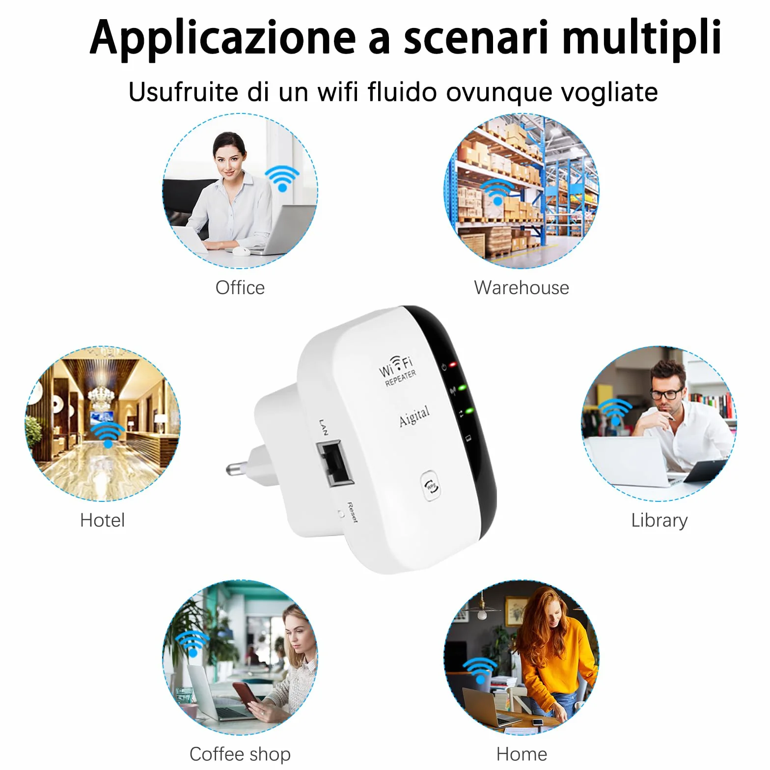 Ripetitore Wireless WiFi Extender e Access Point per Casa, Amplificatore Segnale WiFi, Velocità Single Band 300Mbps, Porta LAN, Pulsante WPS, Compatibile con tutti i modem router wifi