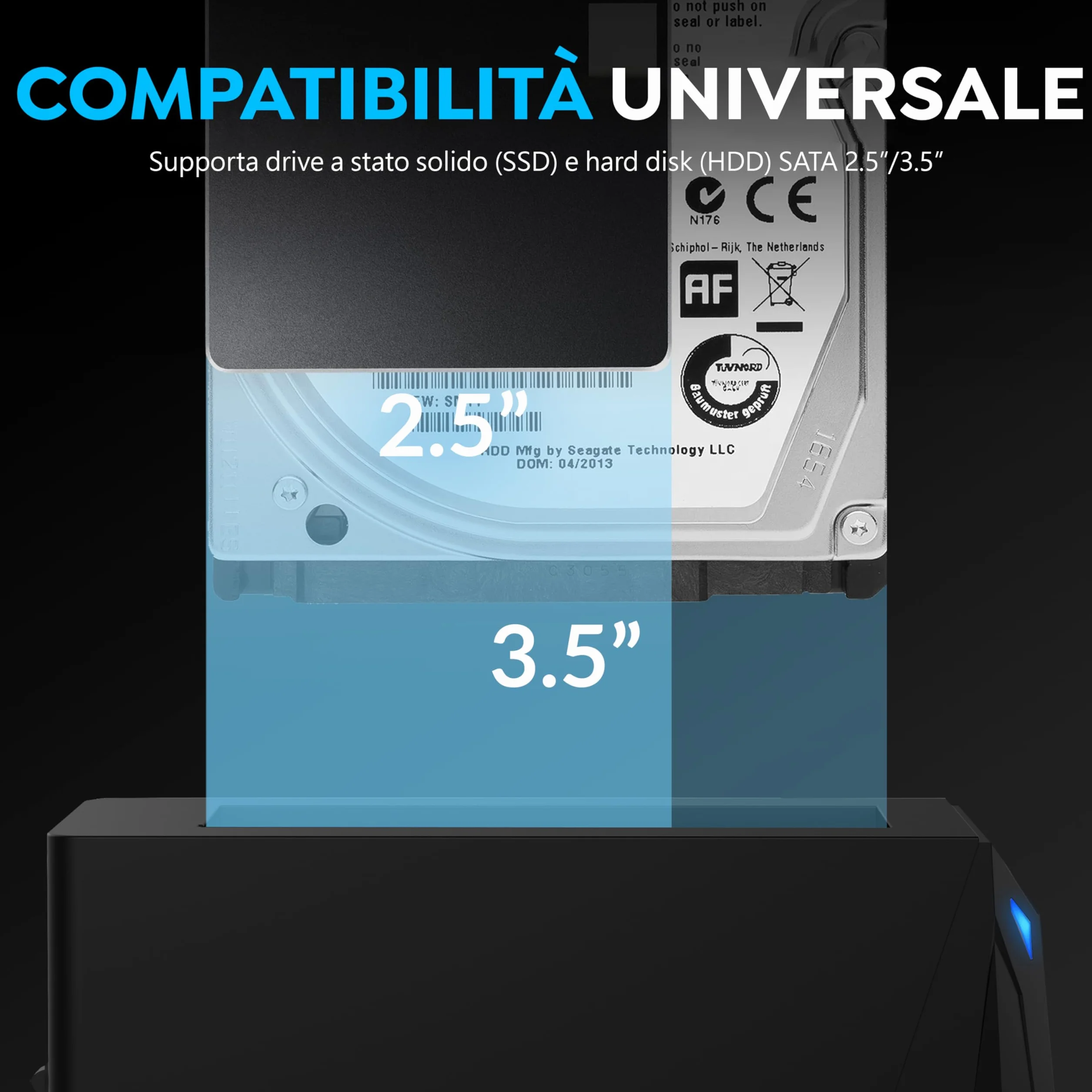SABRENT Docking station USB-C 10 Gbps per SSD HDD SATA 2.5/3.5 pollici hot swap 20 TB DS-UC1B
