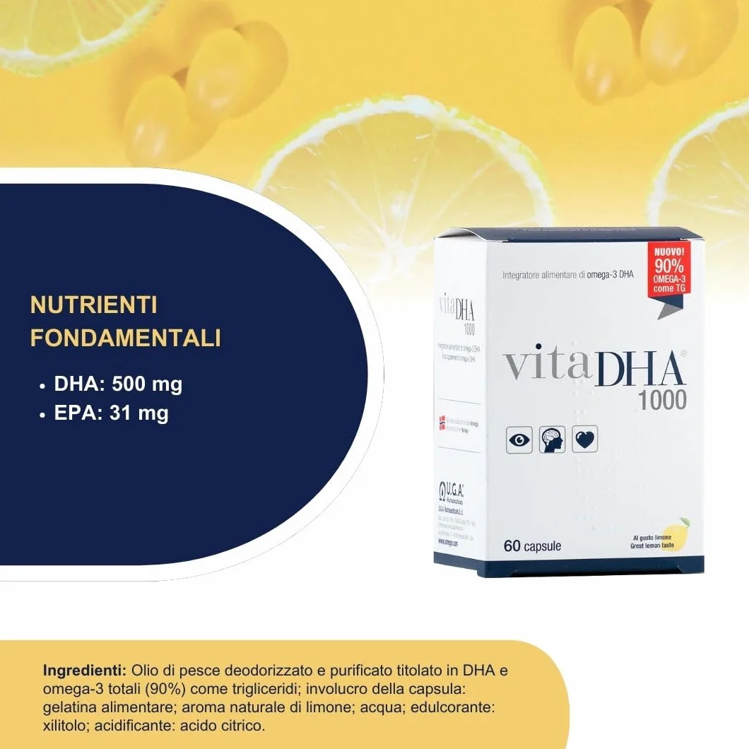 VitaDHA 1000 Omega 3 IFOS 5 Stelle 60 Capsule - Omega3 per Adulti e Bambini - 500mg DHA Alta Biodisponibilità