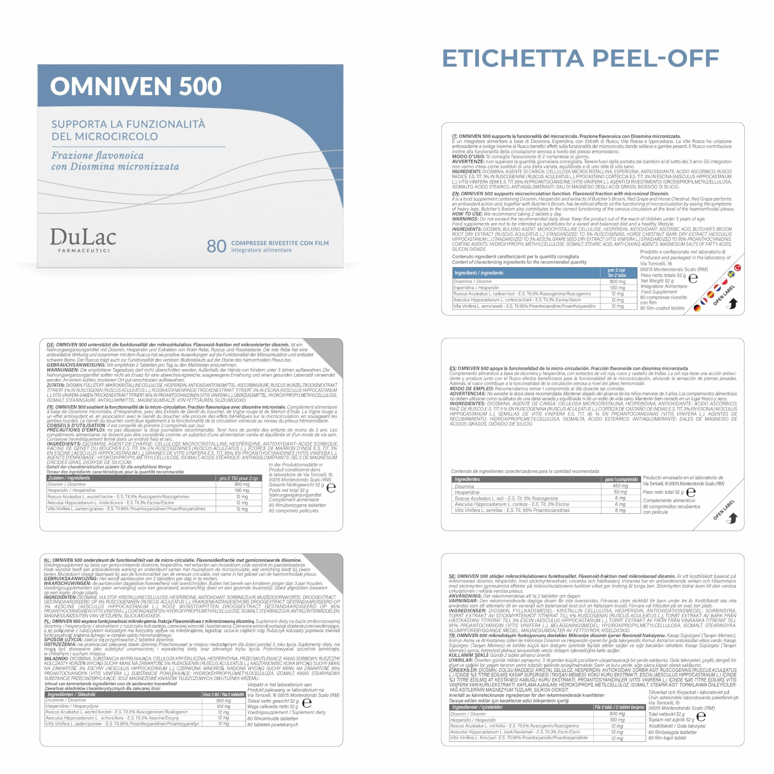 Dulac Omniven 500 Integratore Alimentare per Microcircolo e Circolazione Gambe 80 Compresse con Diosmina ed Esperidina Made in Italy