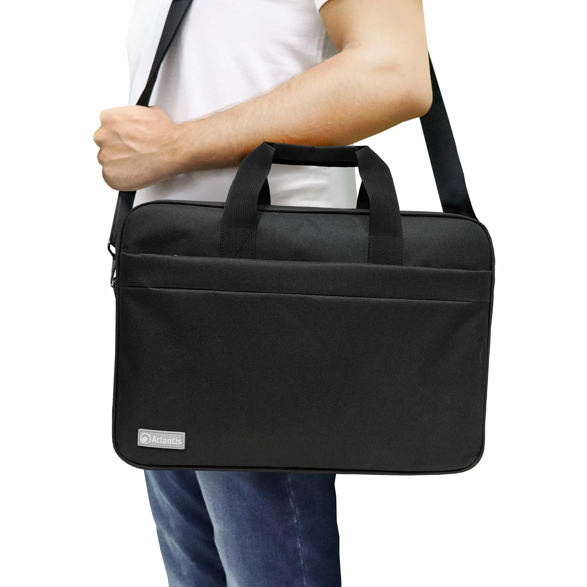 Atlantis Borsa notebook 15.6" pollici + Mouse USB, a tracolla modello Lisbona, imbottitura interna, tasca porta documenti, tasca esterna per accessori, fascia Trolley. Cinghia a tracolla, nero.