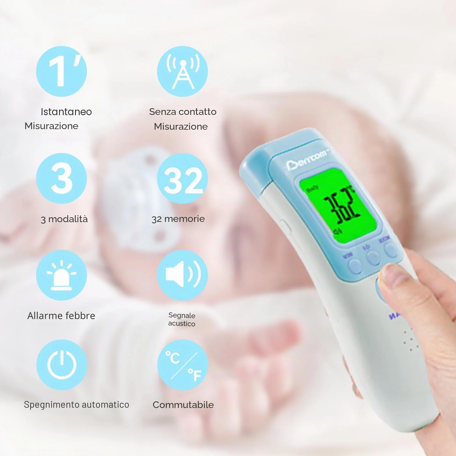 Berrcom Termometro Frontale Infrarosso 3 in 1 Senza Contatto per Adulti e Bambini con Allarme Febbre