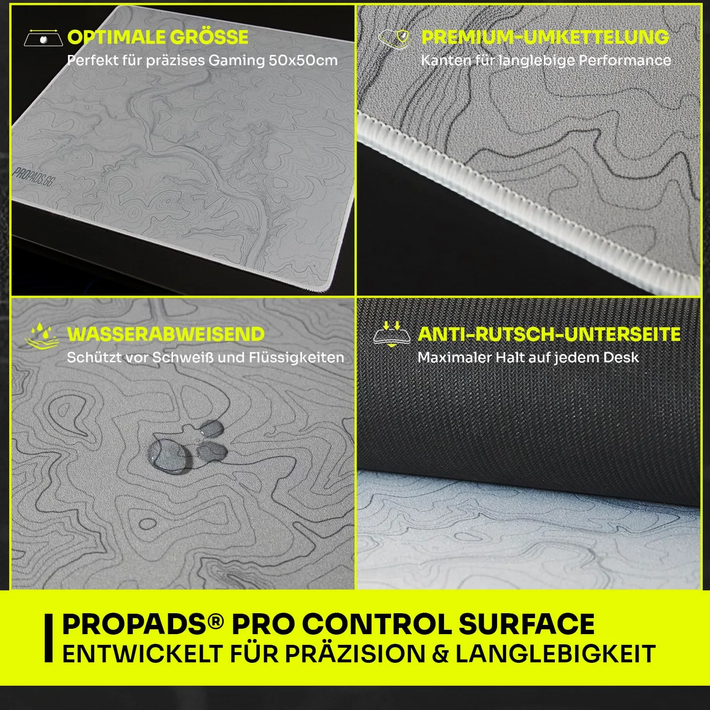 propads PRO Control Mousepad 500 x 500 mm – per veri esportler – Tappetino per mouse da gioco veloce e ruvido in gomma antiscivolo – nero (typo)