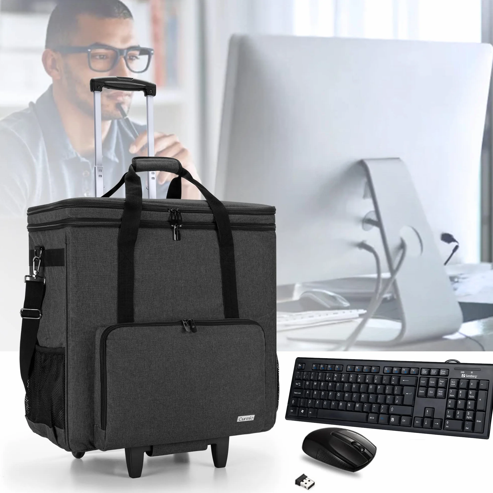 CURMIO Borsa da viaggio per computer a doppio strato con carrello rimovibile, Nero