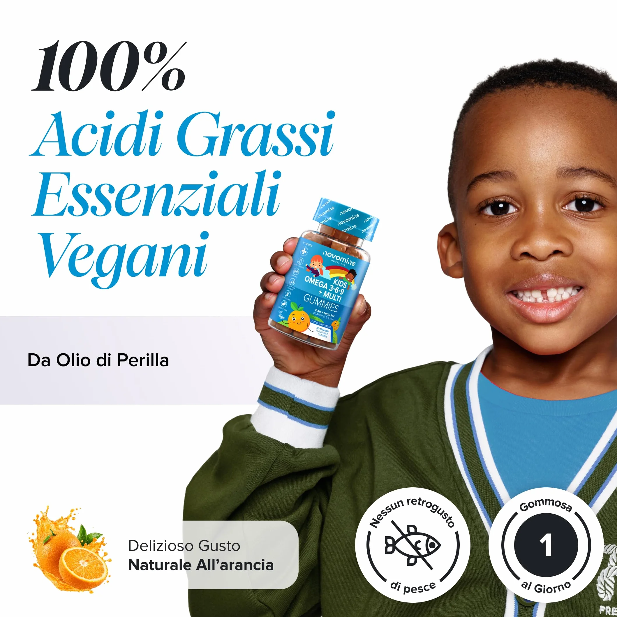 Novomins Omega 3 6 9 Vegan Gommose per Bambini con ALA Olio di Perilla 50mg Vitamine D ed E 30 Gusto Arancia