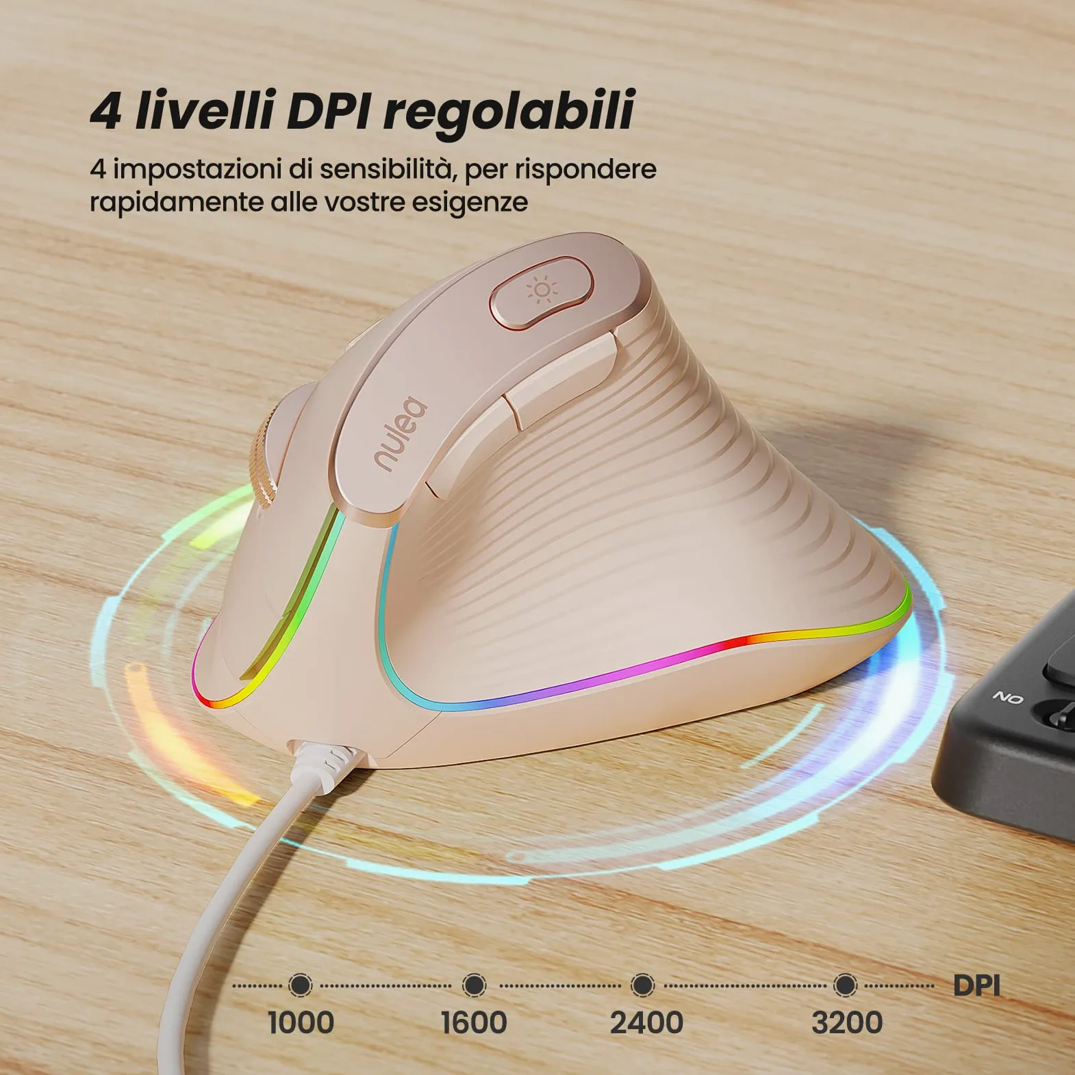 Nulea Mouse Verticale Cablato, Mouse Ottico Ergonomico USB Con 4 DPI Regolabili, 11 Modalità di Retroilluminazione RGB, Compatibile Con Laptop, PC, Desktop, Mac, Rosa