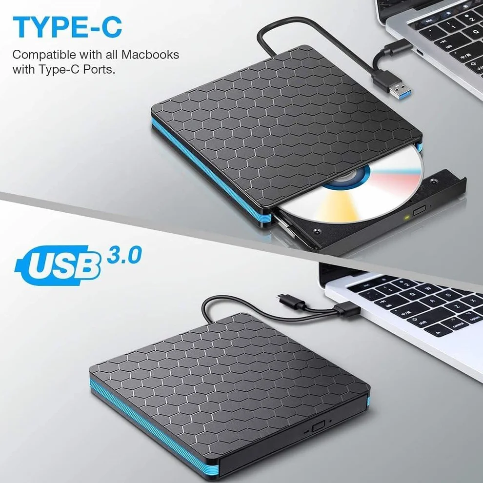 Masterizzatore DVD Esterno, Lettore CD Esterno per PC Portatile Unità Esterna USB 3.0 DVD-R CD-RW Drive Dispositivo Ultra Slim Per Laptop Windows 98/ME/ 2000/XP/Vista/7/8/10/11 Mac Linux