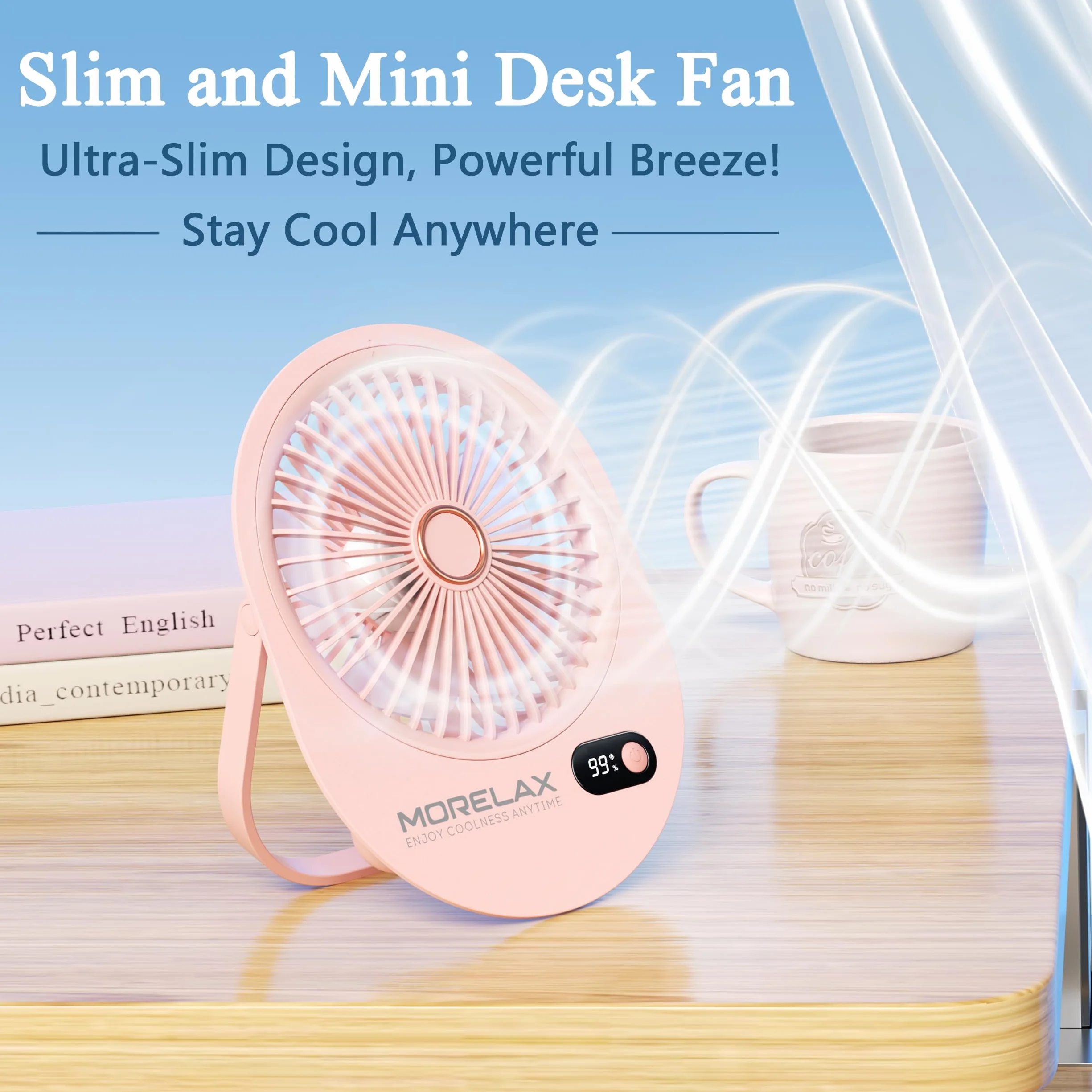 Mini Ventilatore da Tavolo, Portatile USB Ventilatore da Scrivania Silenzioso con 6 Potenti Velocità,Ricaricabile Ventilatore ad Angolo Regolabile,Piccolo Ventilatore per Ufficio/Campeggio (Rosa)