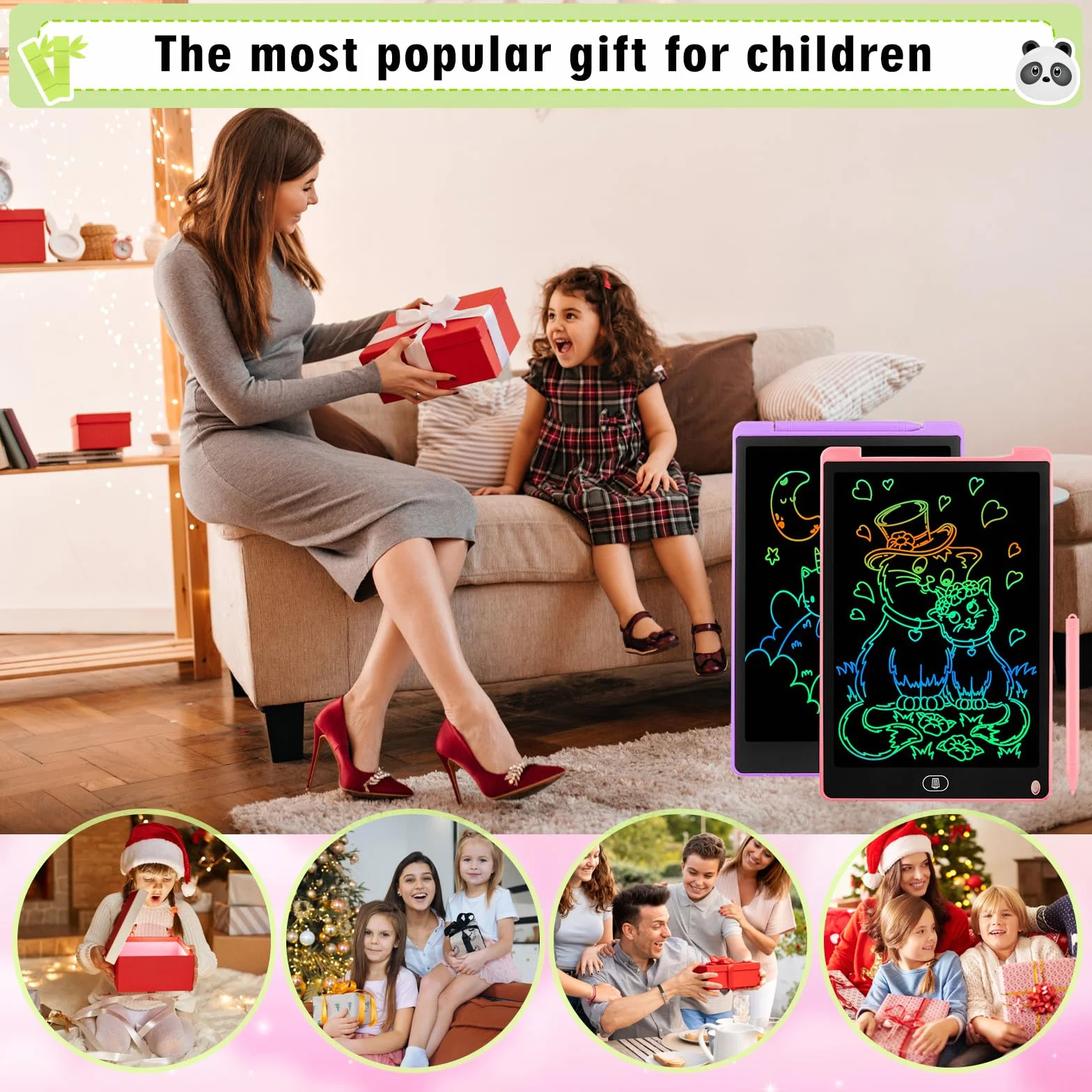 Tavoletta Grafica LCD 13 Pollici Schermo Colorato per Bambini, Taccuino Cancellabile con Adesivi Animali, Rosa e Viola, 2 Pezzi