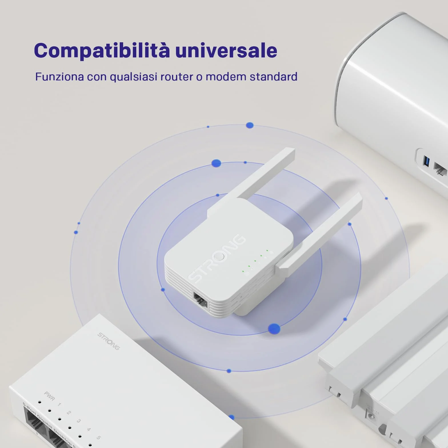 STRONG Ripetitore WiFi 300 Mbps da presa muro – Amplificatore WiFi potente per casa, WiFi extender con WPS, porta LAN, modalità access point, copertura segnale stabile