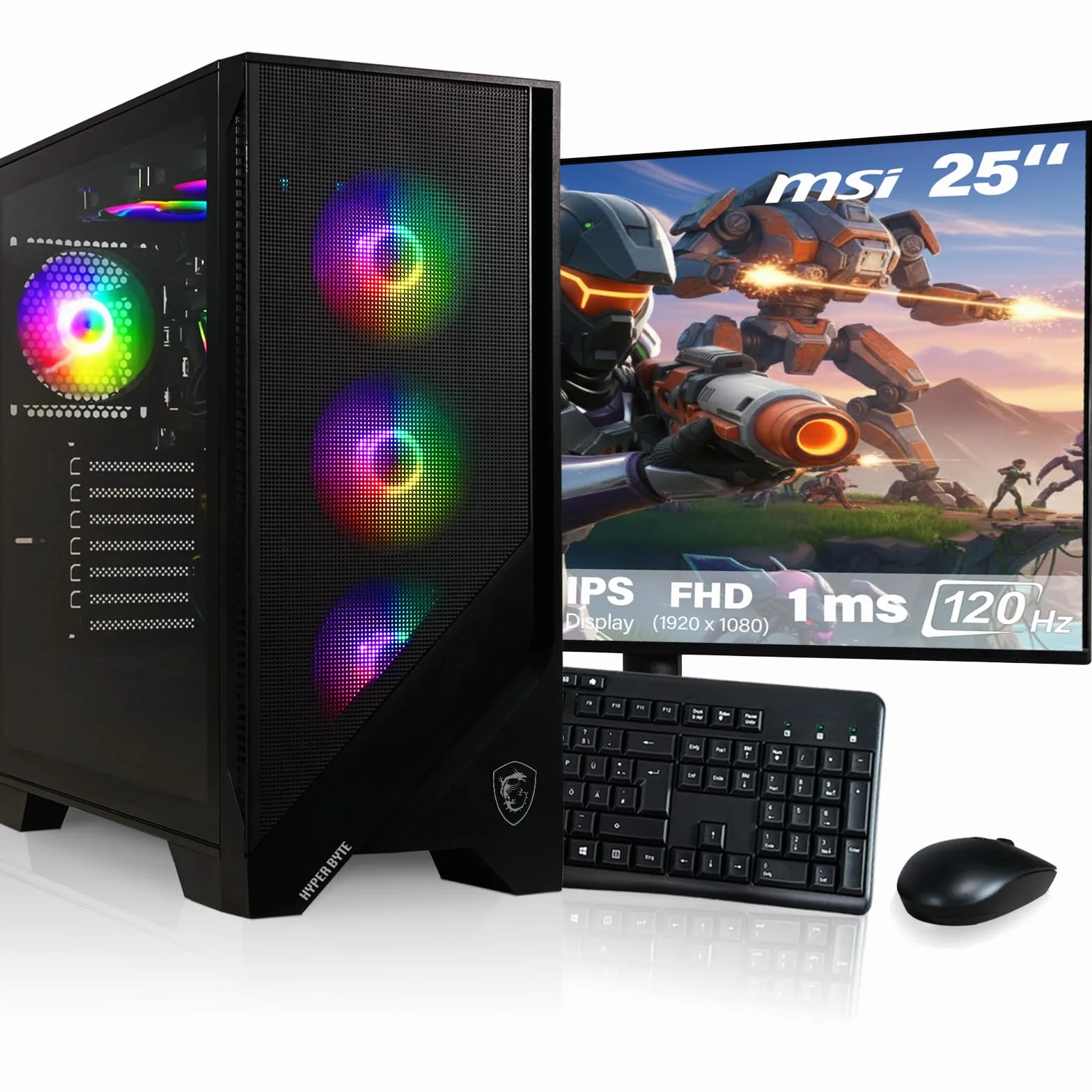HYPER BYTE® - Gaming PC - Set completo con AMD Ryzen 7 5700G fino 4,6 GHz | 16GB DDR4 | 1TB SSD | Watercooling | Monitor 25 pollici | mouse & tastiera | QWERTY| Win11 Pro | Computer fisso per gamer