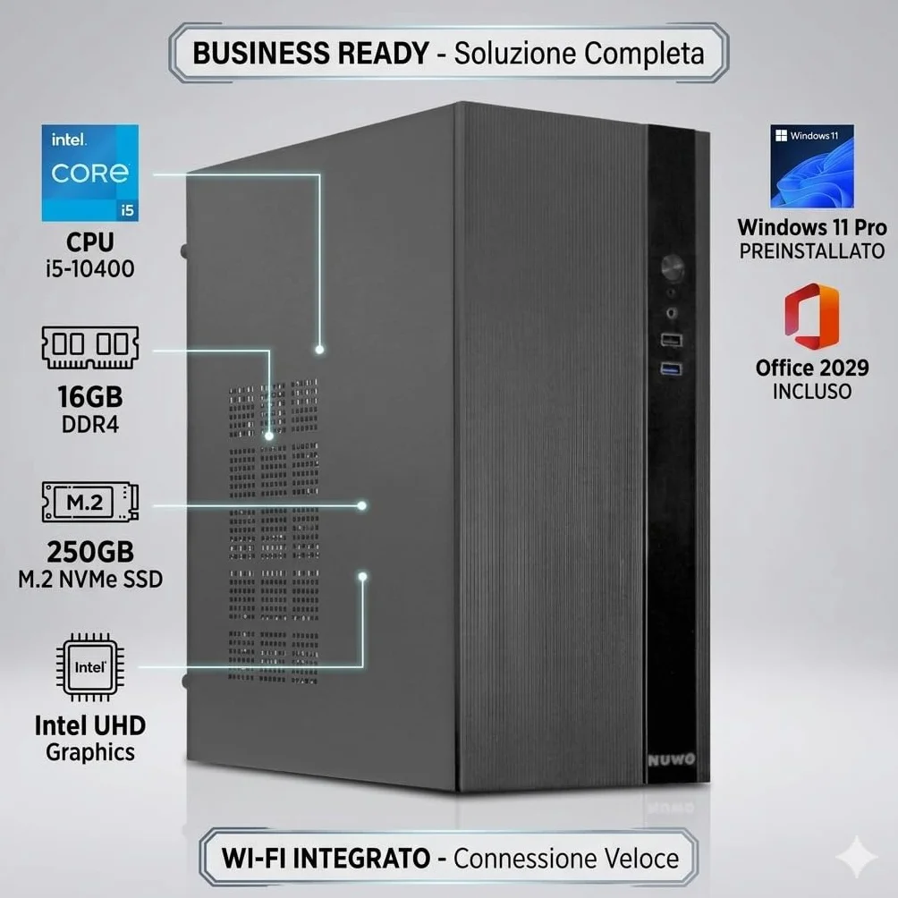 PC Fisso i5 Desktop Intel Core i5-10400 fino a 4.30GHz, 16GB RAM DDR4, SSD M.2 da 250GB, WiFi Incluso, Windows 11 Pro, Office 2019, Computer pronto all'uso