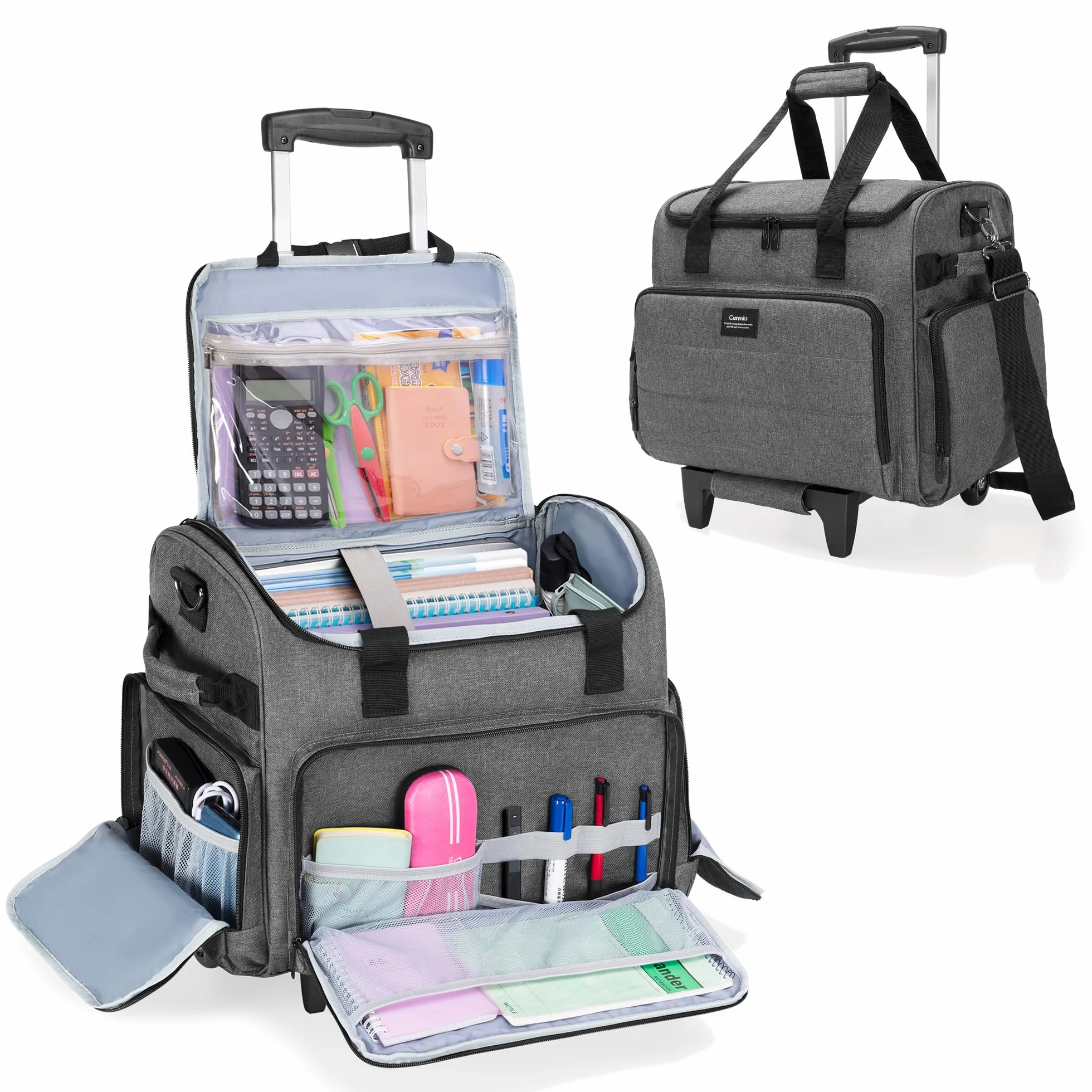 CURMIO Borsa da Insegnanti con Rotelle, Scomparto Organizzatore File Espandibile, Grigio