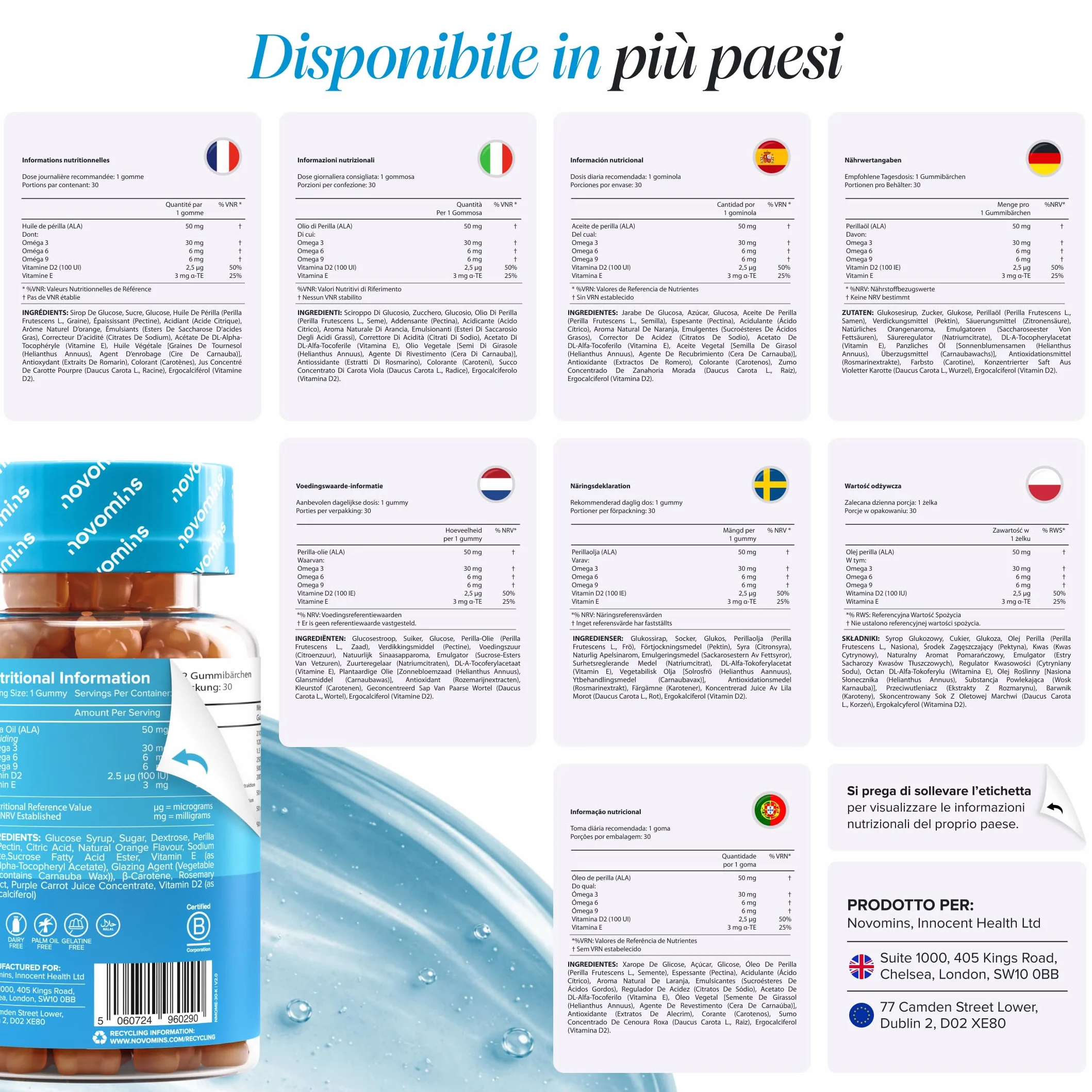 Novomins Omega 3 6 9 Vegan Gommose per Bambini con ALA Olio di Perilla 50mg Vitamine D ed E 30 Gusto Arancia