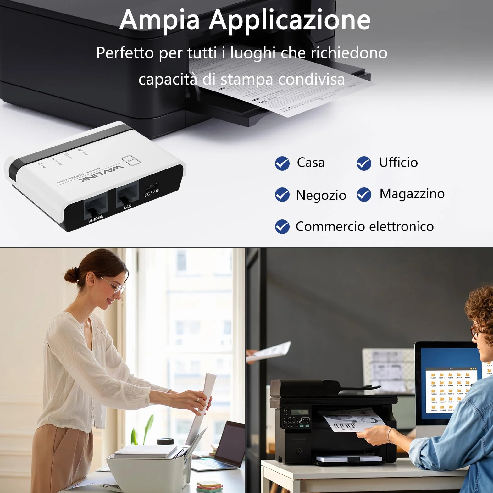 WAVLINK Server di Stampa Wireless,Print Server WiFi con LAN/Bridge da 10/100Mbps,USB2.0,Supporto modalità Cablata/Filare/Standalone,Compatibile con Windows/Mac e Tutte Le Stampanti con Supporto Raw