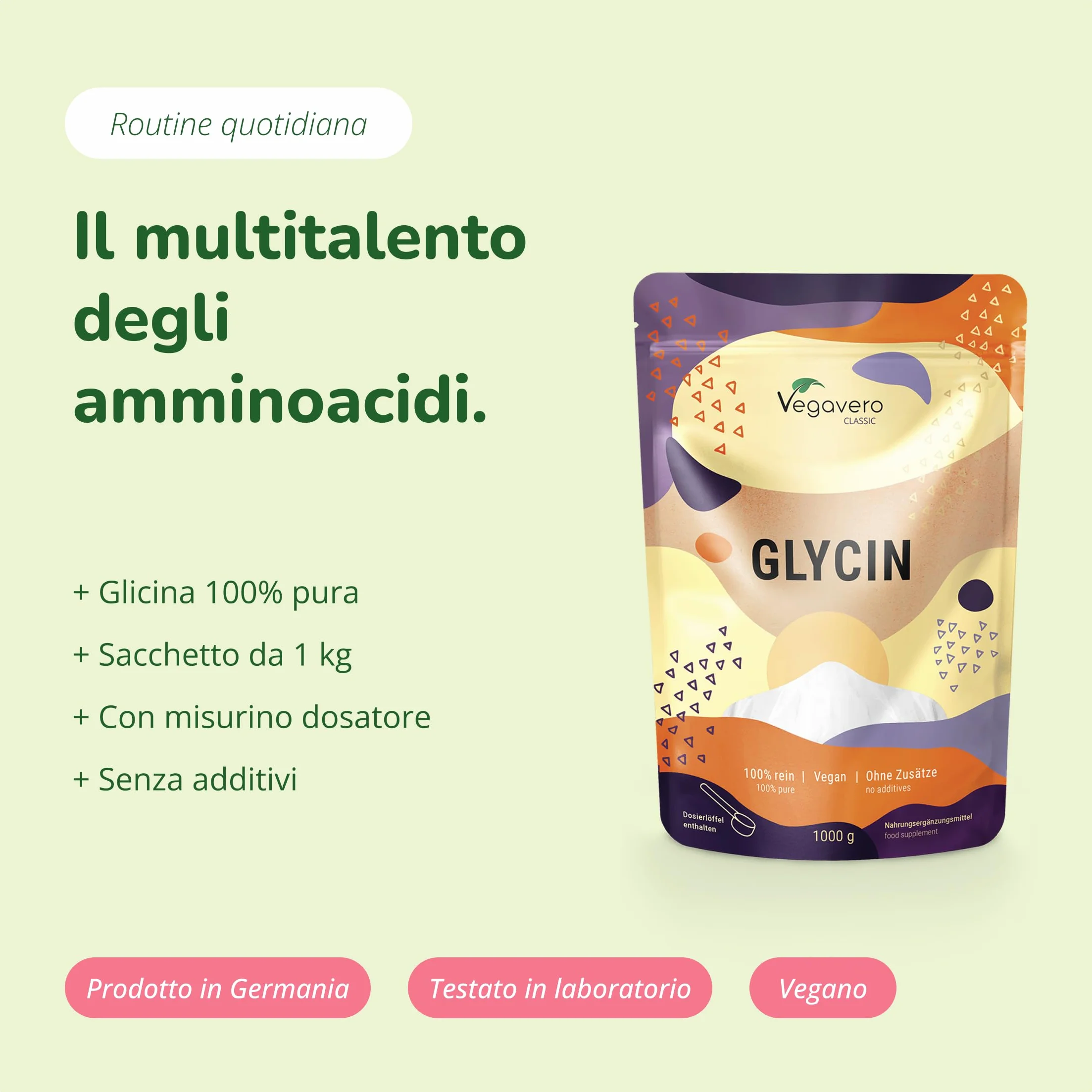 GLICINA Vegavero® 1000 g Polvere L-Glicina Pura Integratore per Dormire Articolazioni Vegan