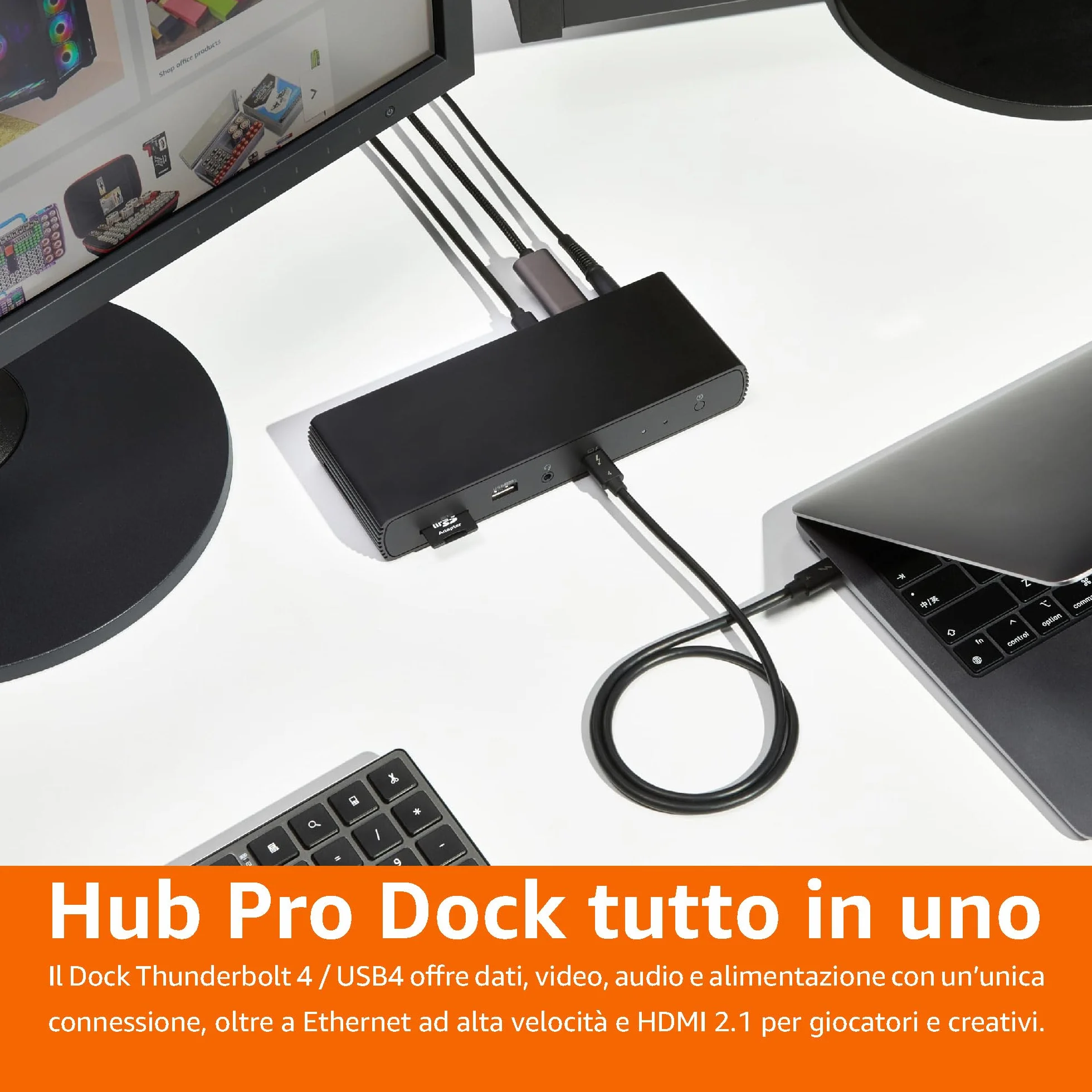 Amazon Basics Docking station Pro Thunderbolt 4/USB 4, 2 TBT4,1 HDMI 2.1, 3 USB A 3.1, RJ45, doppio display, Nero, 19,96 x 7,5 x 3,12 cm