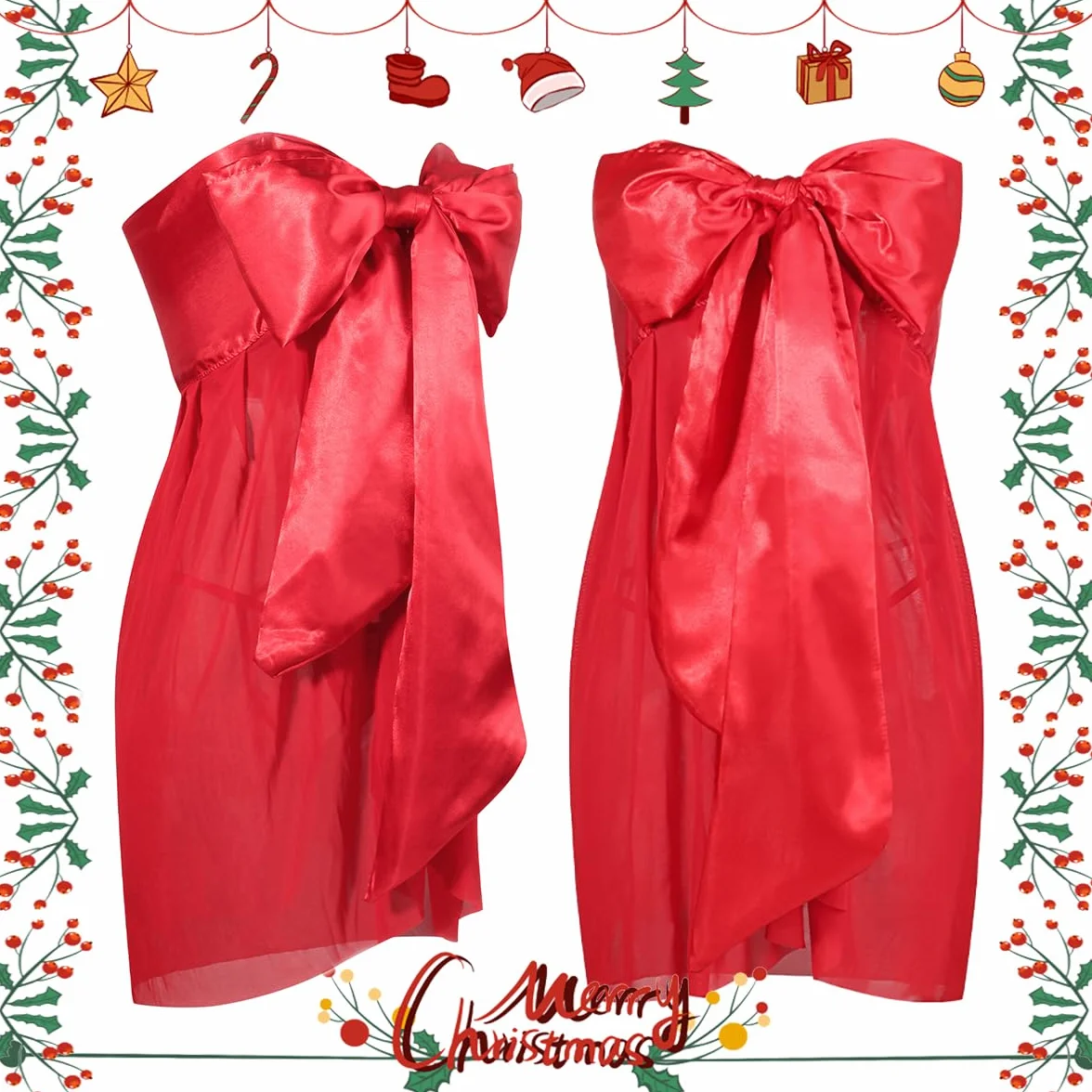 Set Lingerie Sexy Natale Rosso Grande Fiocco Raso Tulle Trasparente Senza Spalline Teddy Costumi