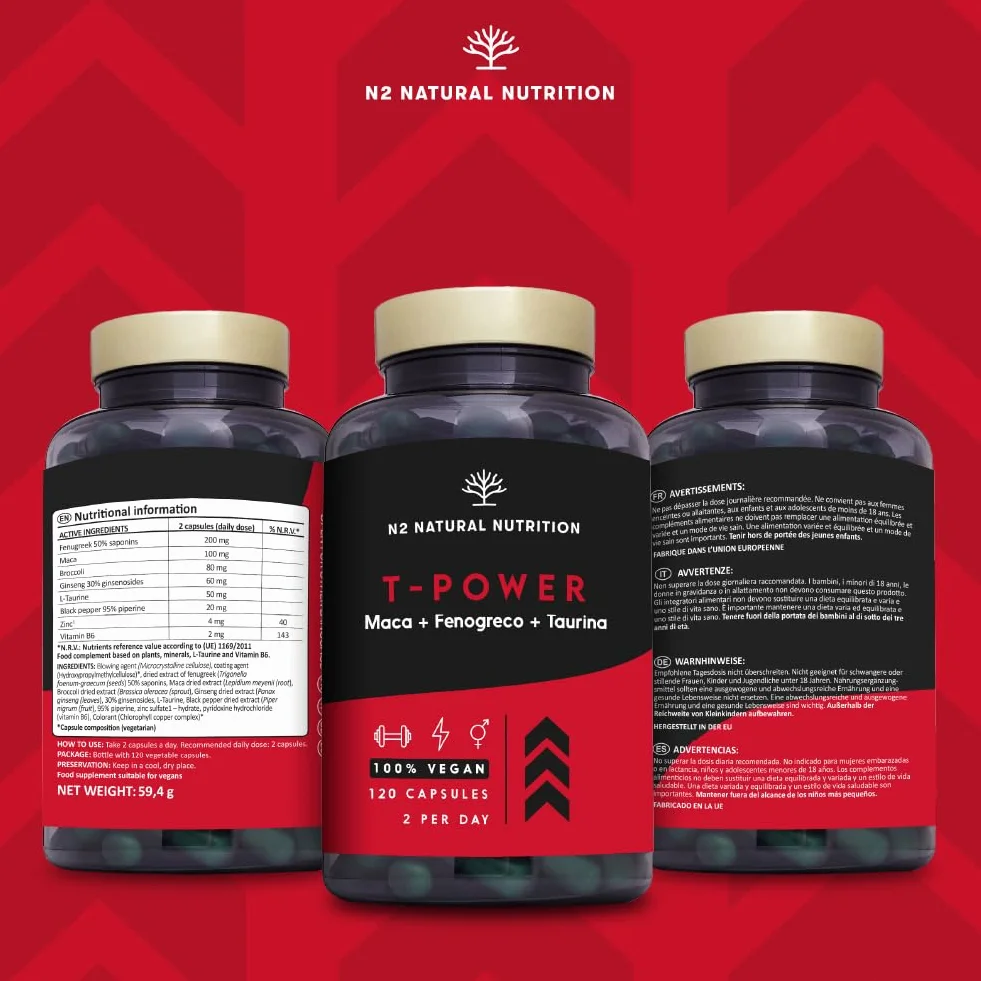 Integratore Testosterone Uomo con Maca, Taurina, Fieno Greco, Ginseng, Zinco e B6 - 120 Capsule N2 Natural Nutrition