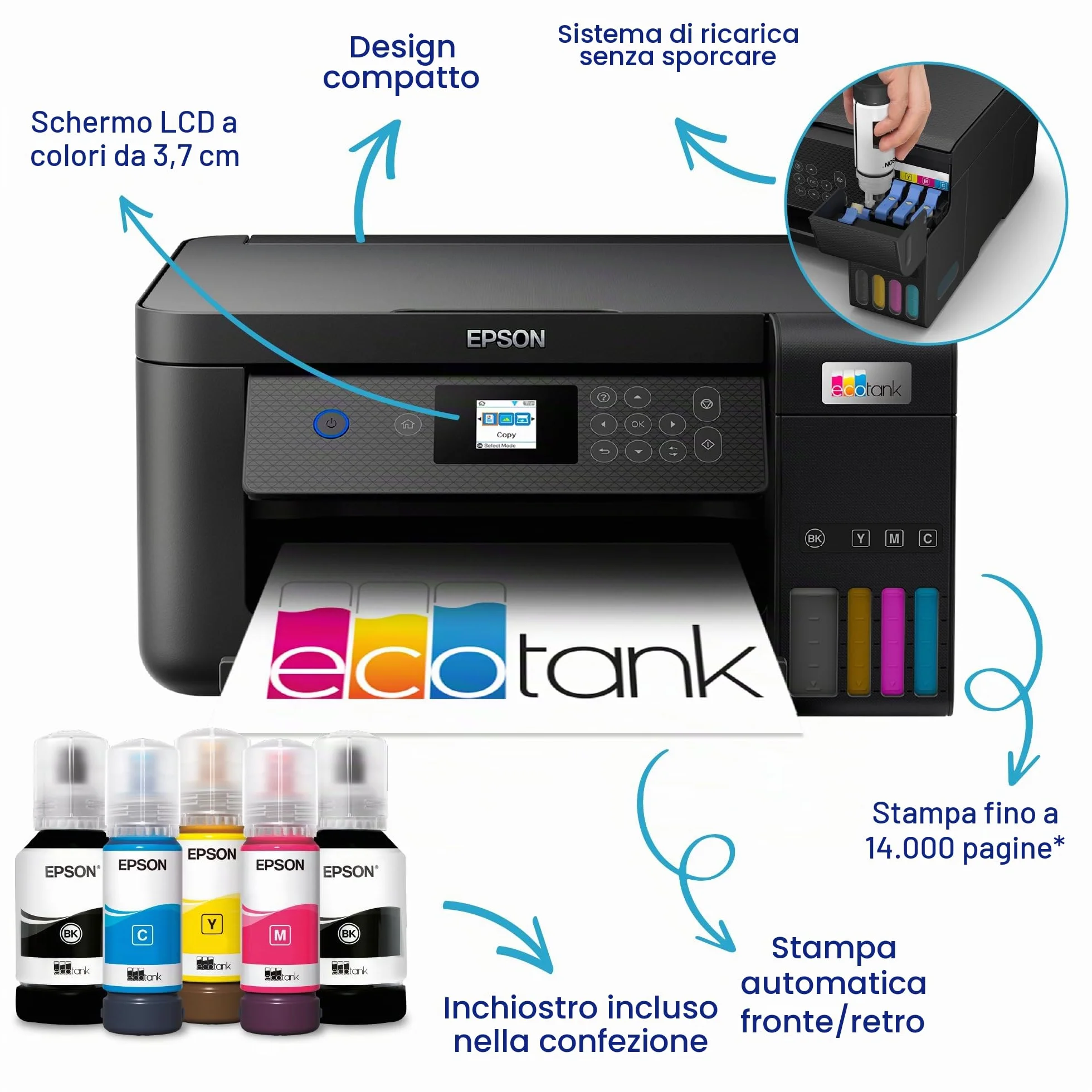 Epson EcoTank ET-2850 - Stampante multifunzione per serbatoi di inchiostro, Wi-Fi A4, con fino a 3 anni di inchiostro incluso