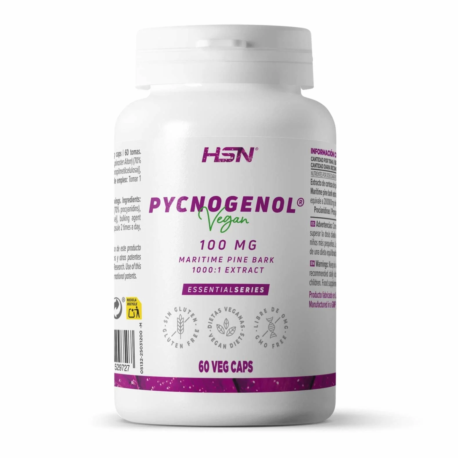 HSN Pycnogenol® 100mg 60 Capsule Vegetali Estratto di Corteccia di Pino Marittimo Francese Standardizzato 70% Proantocianidine Non-OGM Vegano