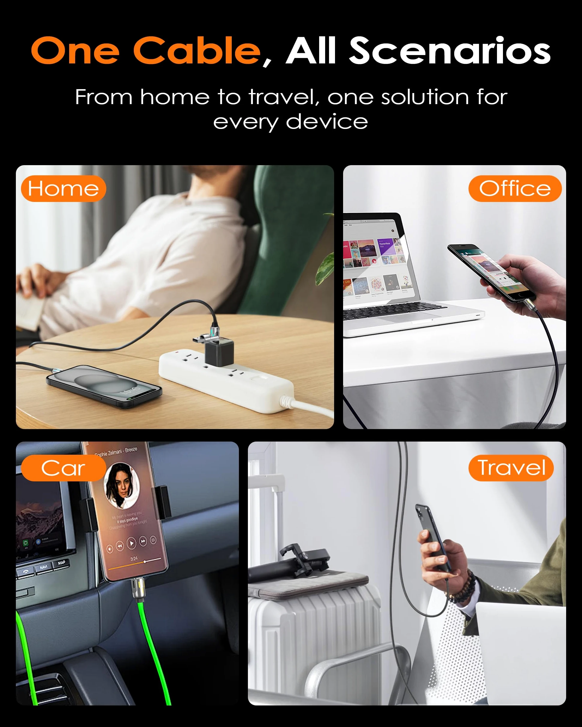 chubbycable GlowCharge Pro - Cavo da auto 3 in 1 da 240 W con luci dinamiche, cavo multi USB C, cavo di ricarica rapida in silicone, 1 m, verde, da tipo C a tipo C + USB-A