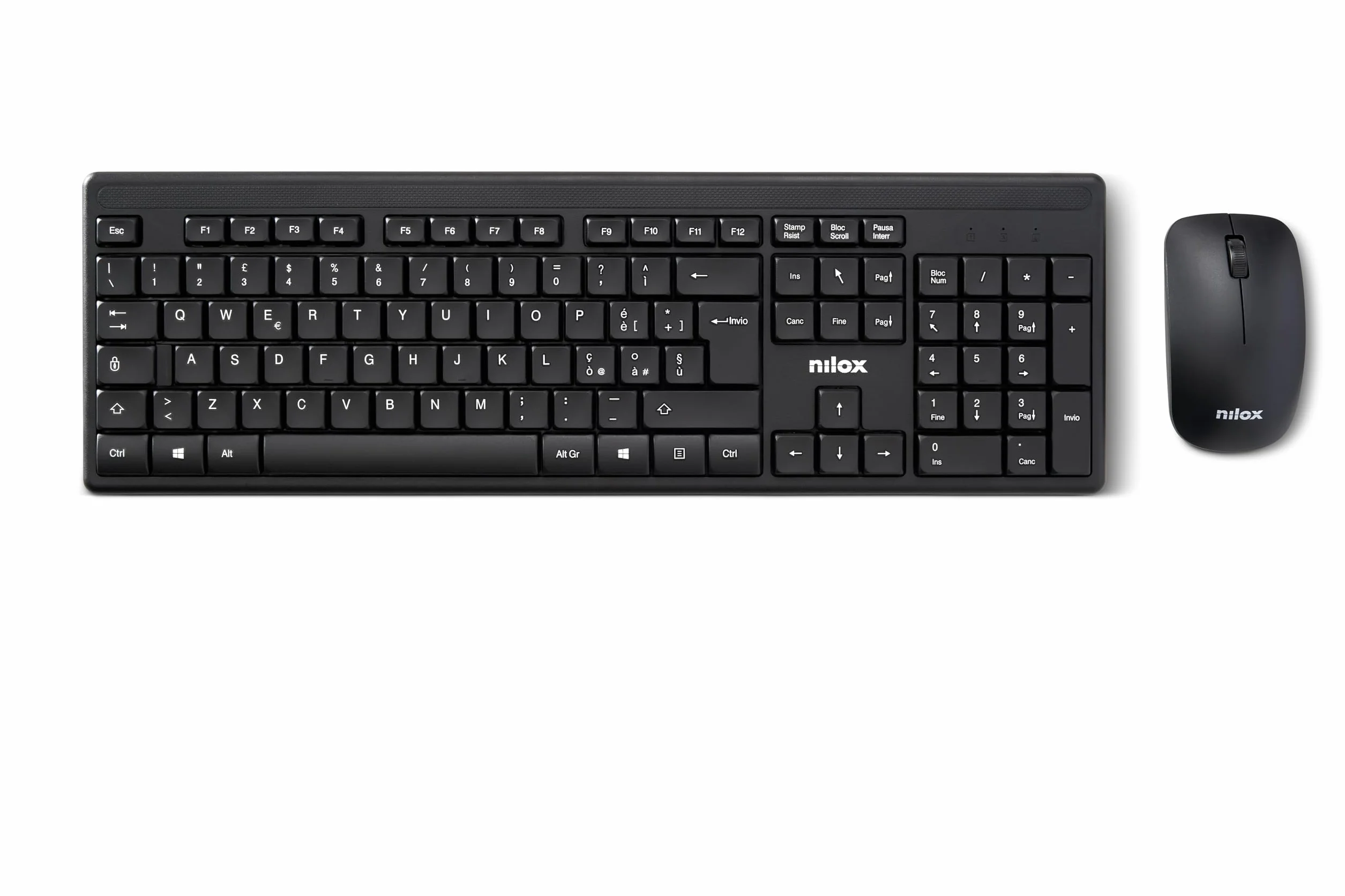 Nilox NXKMWIT011, Kit Tastiera e Mouse Wireless con Distanza Operativa di 10m, Tastiera con Layout Italiano, Mouse con Sensore Ottico da 1600 DPI, Compatibile con Windows, Linux e Mac