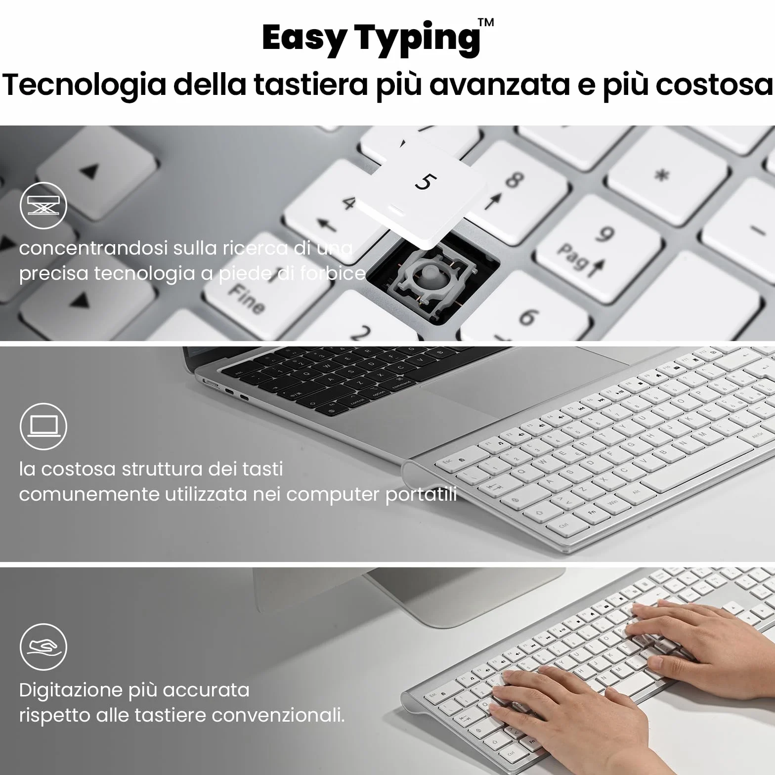 Tastiera e Mouse Wireless - cimetech Tastiera Wireless Ricaricabile 2.4G, Layout Italiano QWERTY, Tastiera Design Ergonomico, Ultra Sottile per Computer/Desktop/PC/Laptop/Windows 10/8/7 (argenteo）