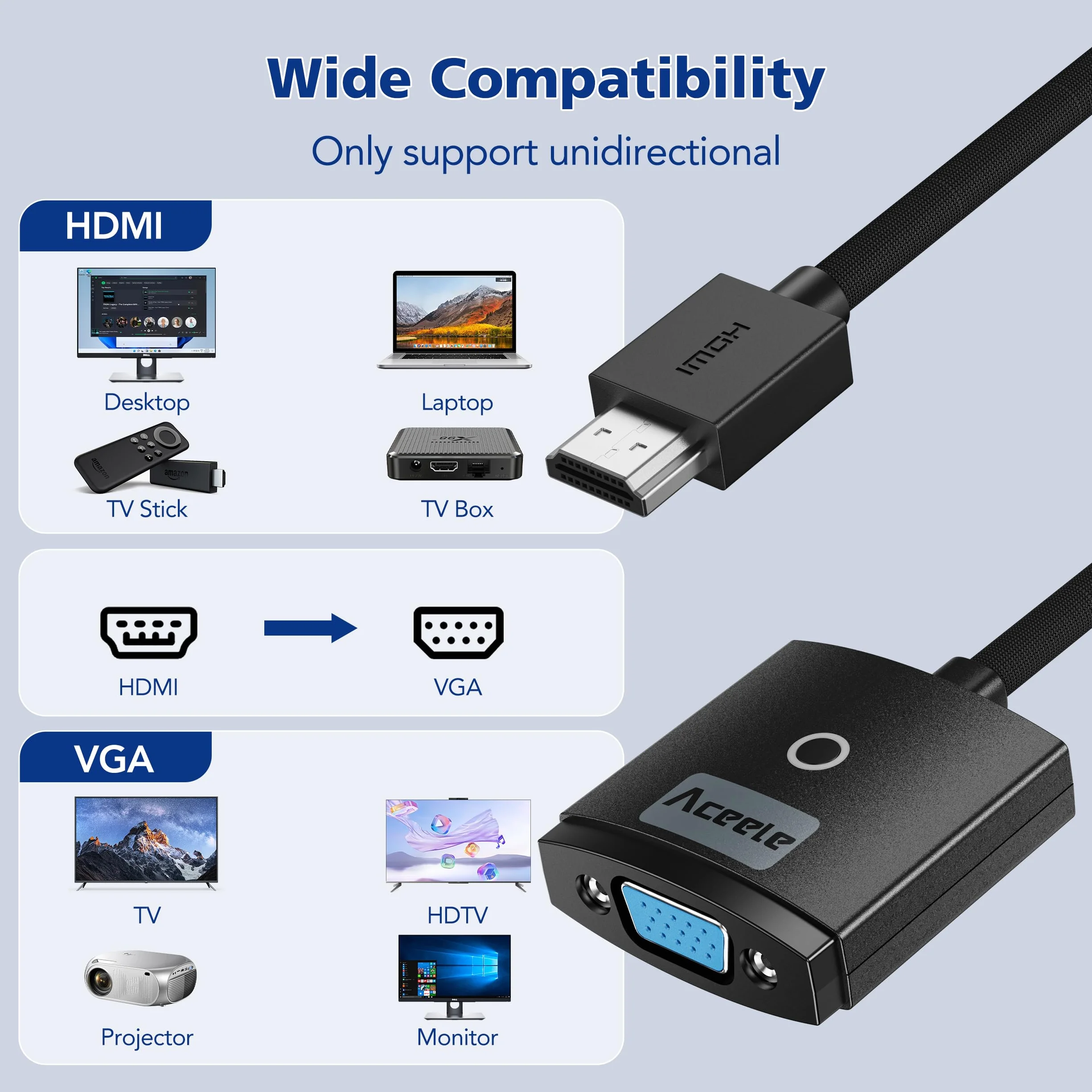 Aceele Adattatore HDMI a VGA, Convertitore da computer HDMI a monitor VGA (maschio a femmina), Adattatore con Cavo in Nylon Per PC desktop, laptop, Raspberry Pi, Roku, Xbox a Proiettore/Display