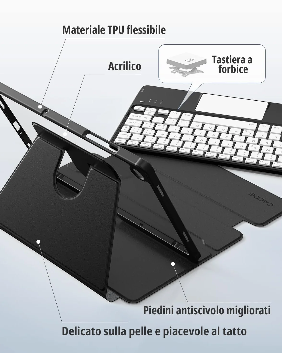 CACOE Custodia con Tastiera Girevole 360 Compatibile con Samsung Galaxy Tab A11 Plus/A9 Plus 11 pollici con Touchpad, Tastiera Staccabile Retroilluminata a 7 Colori con Funzione di Supporto, Nera