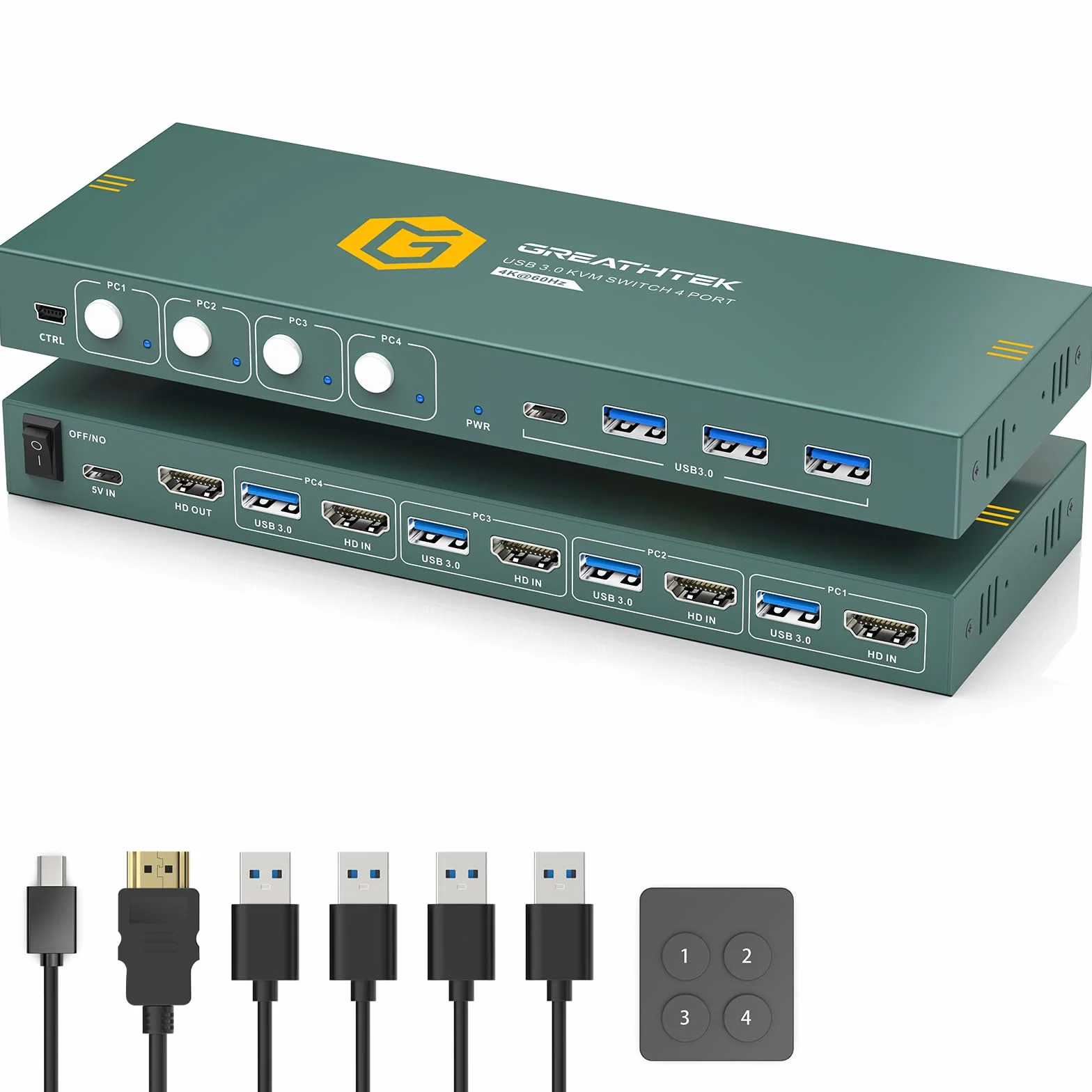 KVM Switch HDMI 4 porte 4K@60Hz, supporto EDID, USB 3.0 KVM switch Hdmi, HDMI2.0, HDCP2.2, KVM Switch 4 PC 1 monitor, tastiera e mouse a 4 porte con 1 cavo HDMI e 4 cavi USB 3.0