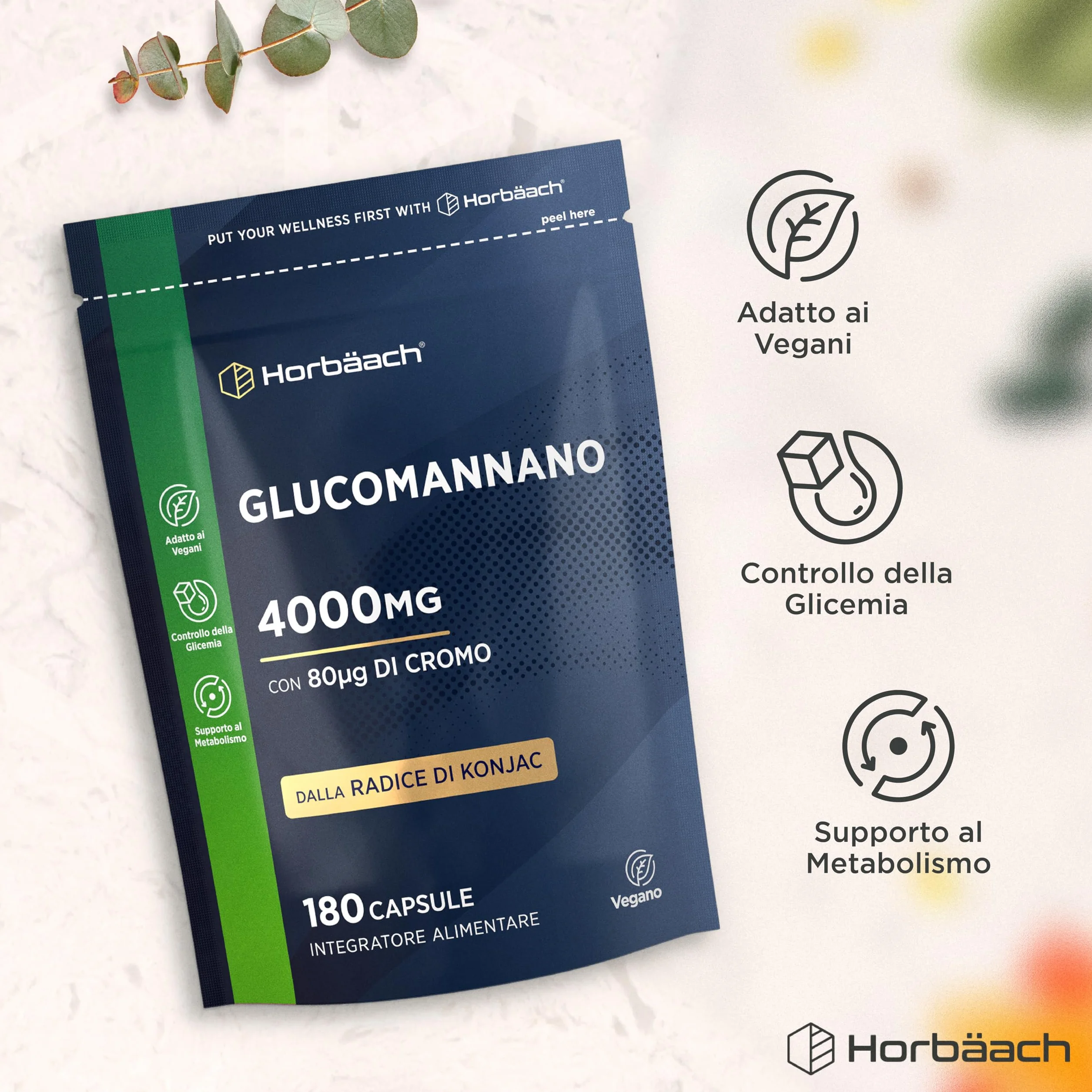 Glucomannano 4,000mg Radice di Konjac con Cromo 180 Capsule Vegani Horbaach