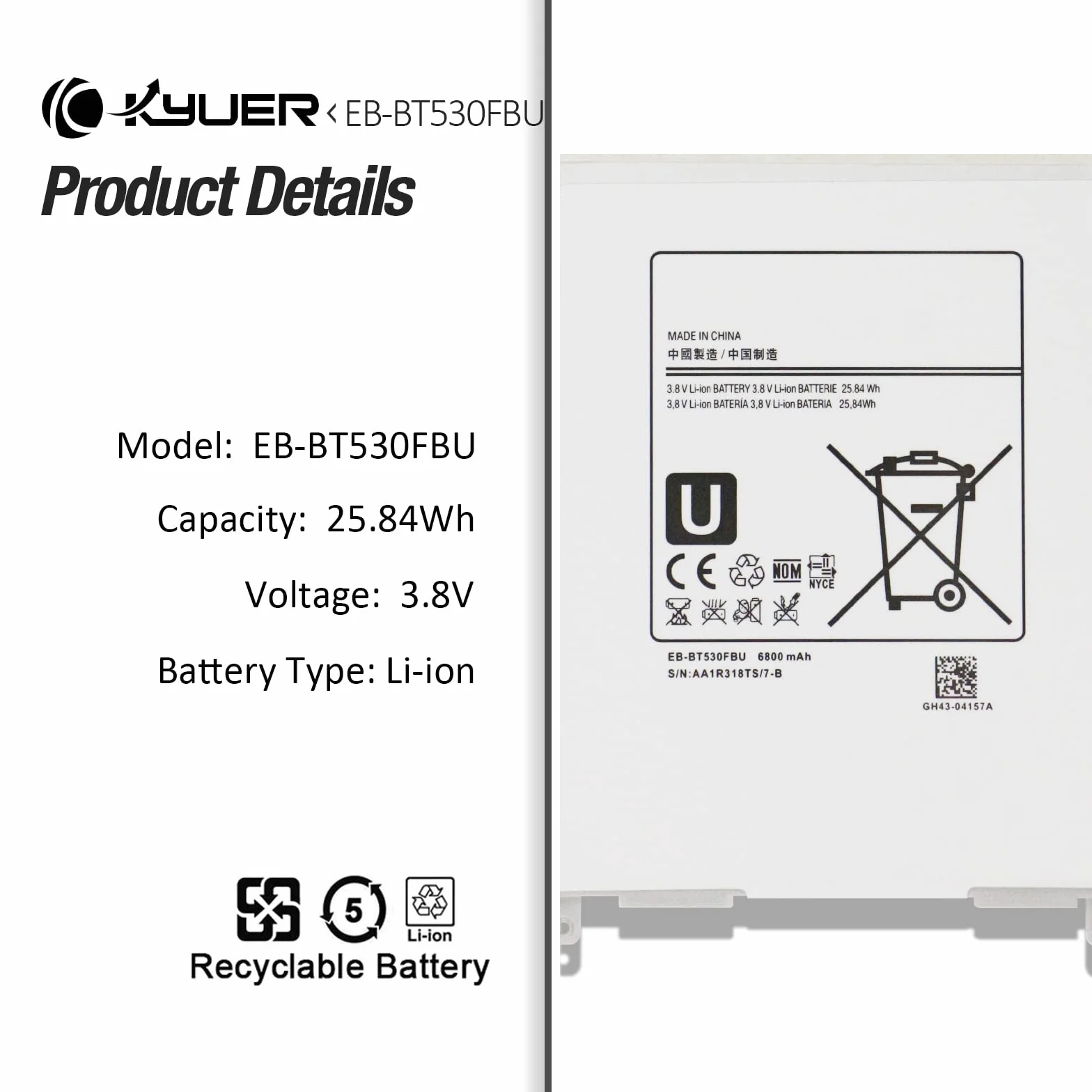 EB-BT530FBU Tablette Batteria per Samsung Galaxy Tab 4 10.1 SM-T530 SM-T531 SM-T535 SM-T537 SM-T532 SM-T533 T536 T530NU T537A T537V T537R4 3G 4G/LTE WiFi EB-BT530FBE BT530FBC Tablet Battery with Tool