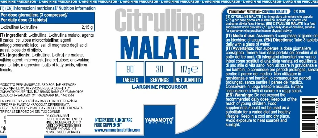 YAMAMOTO NUTRITION Citrulline MALATE 90 Compresse Integratore Alimentare