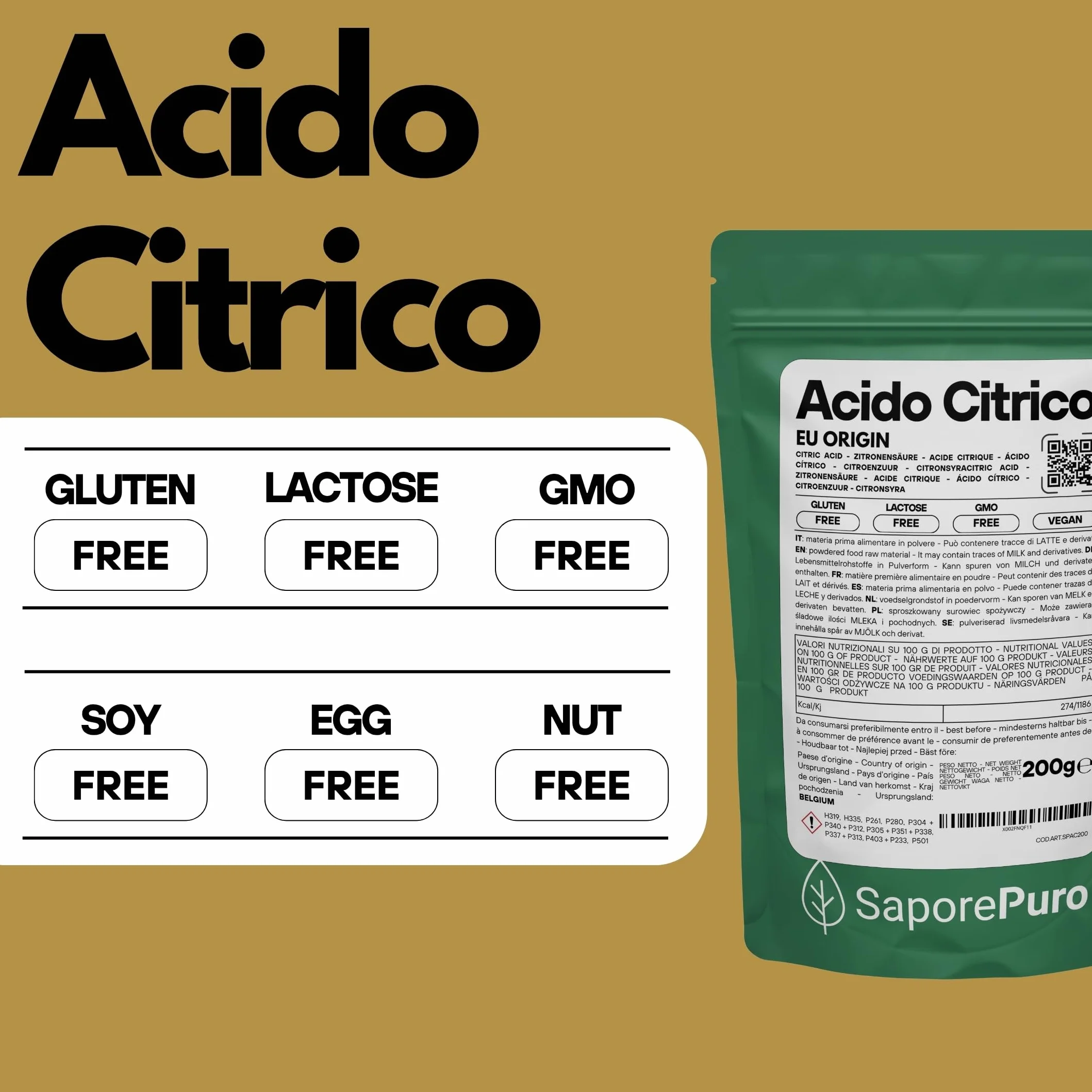 Acido Citrico Monoidrato 200 g Regolatore di pH Senza Glutine per Conserve e Bevande