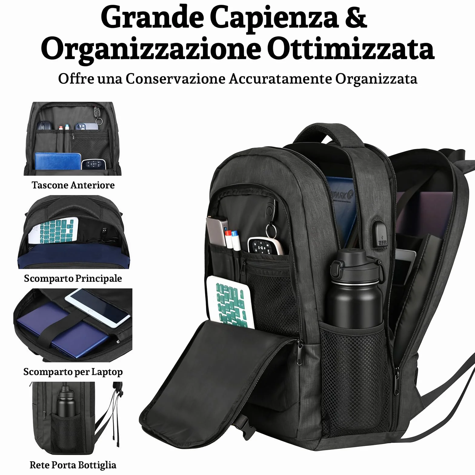 Zaino Porta PC, 15-17,3" PC per Zaino Uomo, Zaino da Viaggio e Scuola con Porta USB, Compagno Versatile per Adolescenti, Studenti e Lavoratori