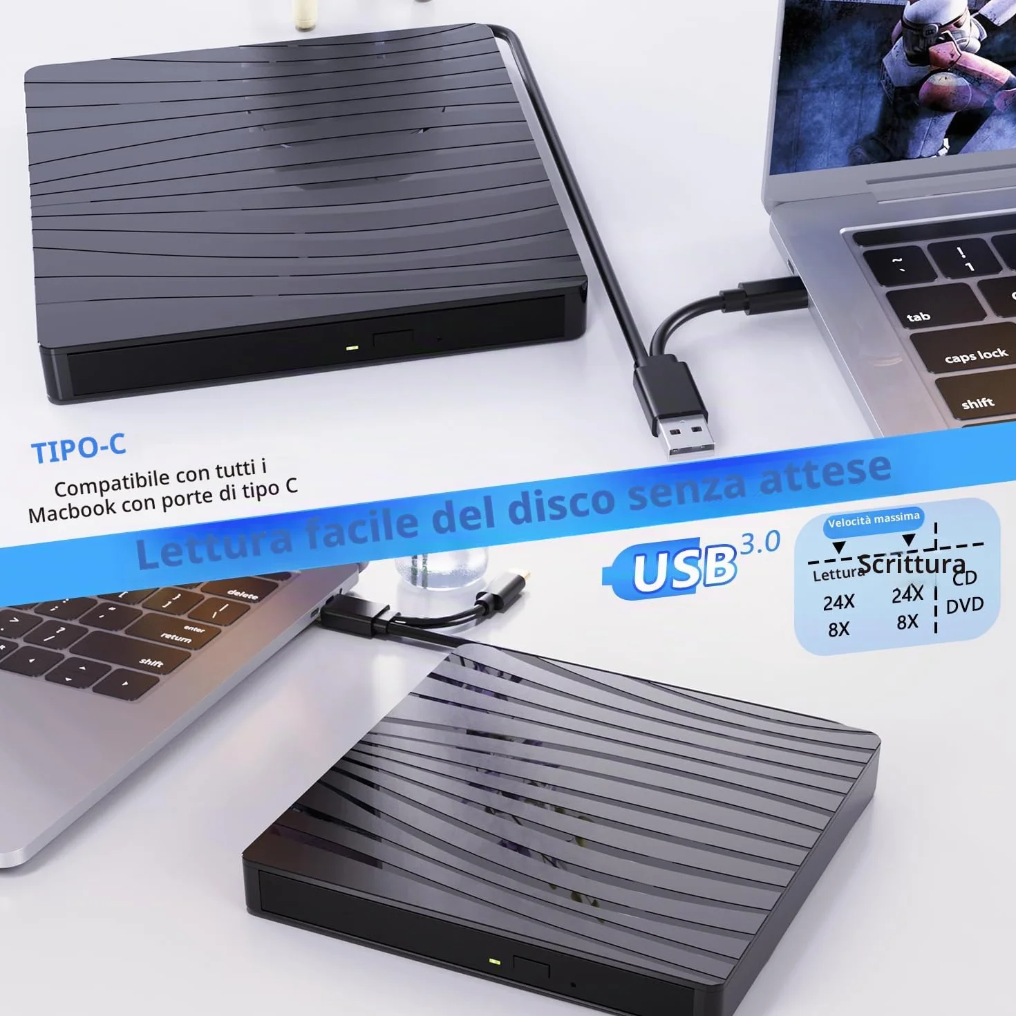 Lettore DVD Esterno per PC Portatile USB 3.0, Slim USB C CD RW Masterizzatore Esterno per Laptop, Desktop, Macbook Air/Pro, Compatibile con Windows 11/10/XP/8/7/Vista/Linux/MacOS