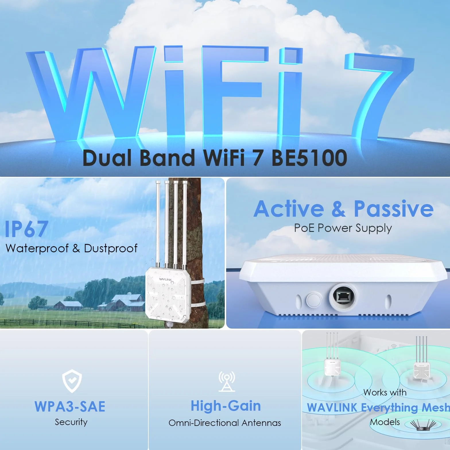 Router WiFi 7 WAVLINK Esterno BE5100 Mesh, Ripetitore, Punto di Accesso, IP67 Impermeabile, ESD 15KV, Protezione Fulmini 4KV, PoE Attivo/Passivo, Antenne 8dBi, Lunga Portata per Aree Rurali e Imprese