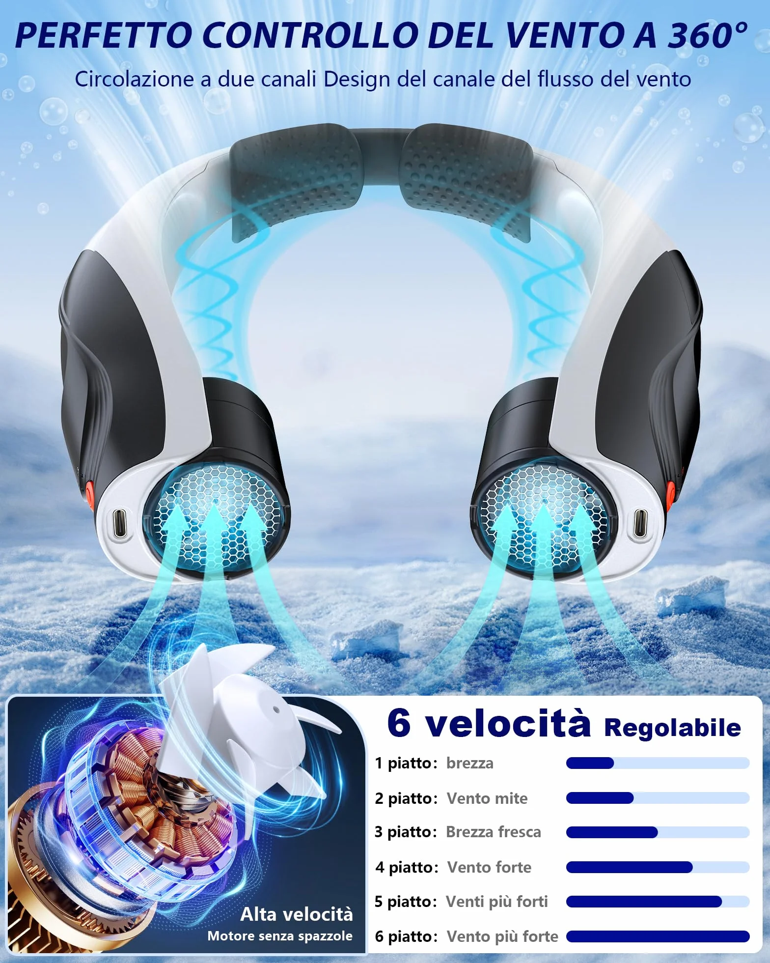 Ventilatore per il collo, 6000 mAh Ventilatore personale portatile, 6 velocità, ventilatore per il collo portatile con flusso d'aria a 360° raffreddamento a mani libere, ventilatore USB