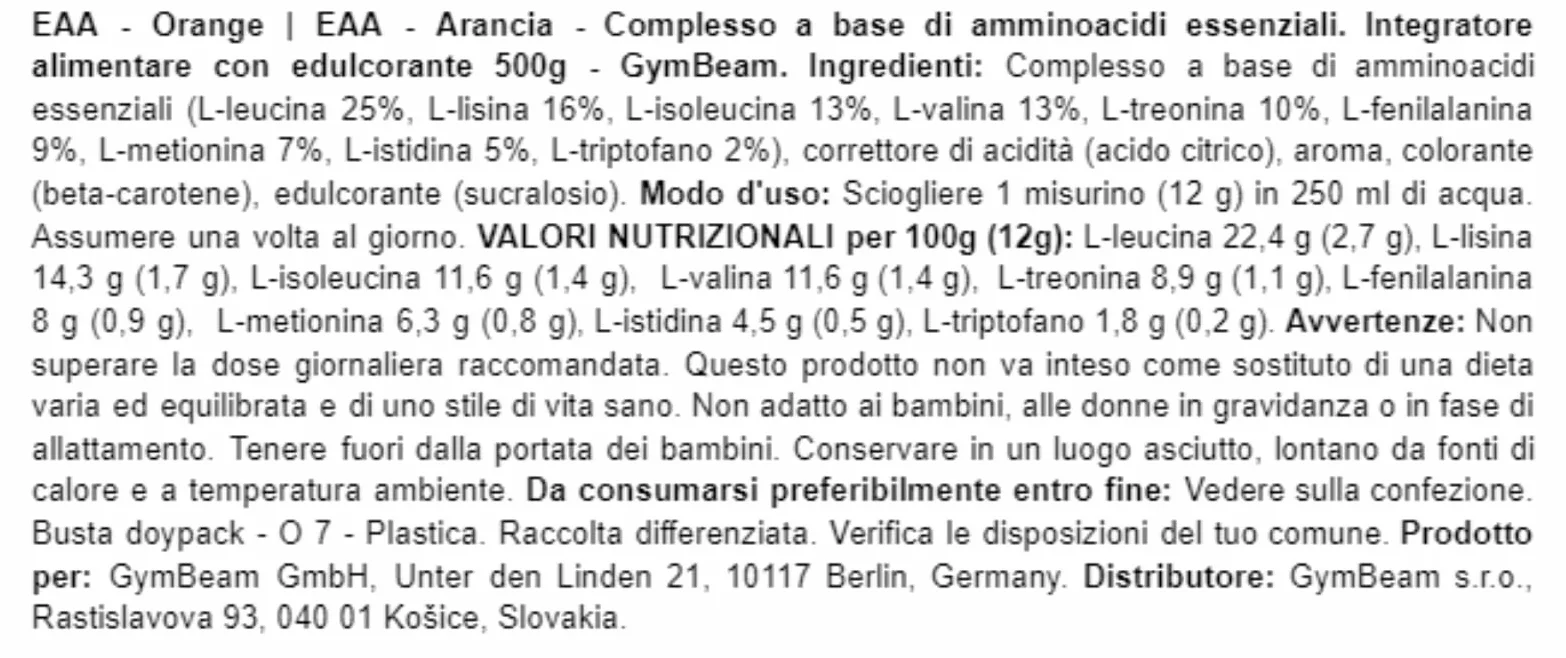 GymBeam EAA Amminoacidi Essenziali in Polvere 500 g Arancia
