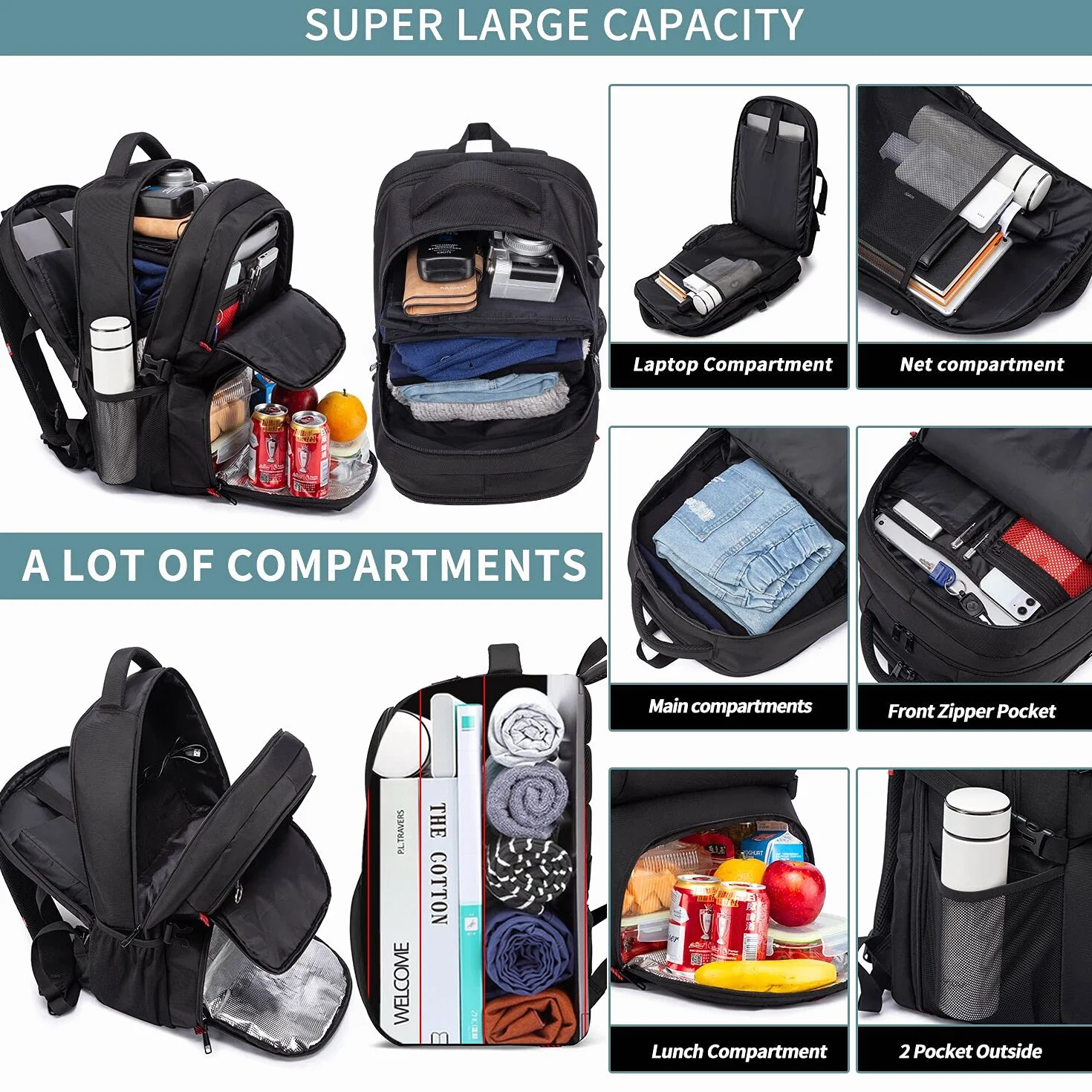 HILUSEN Zaino Uomo Grande 50L, Porta PC 17.3 Pollici Lavoro Impermeabile Pranzo Zaino con Caricatore USB, Laptop Computer Notebook Zaini per PC Portatili Viaggio Ufficio Scuola Università-Nero
