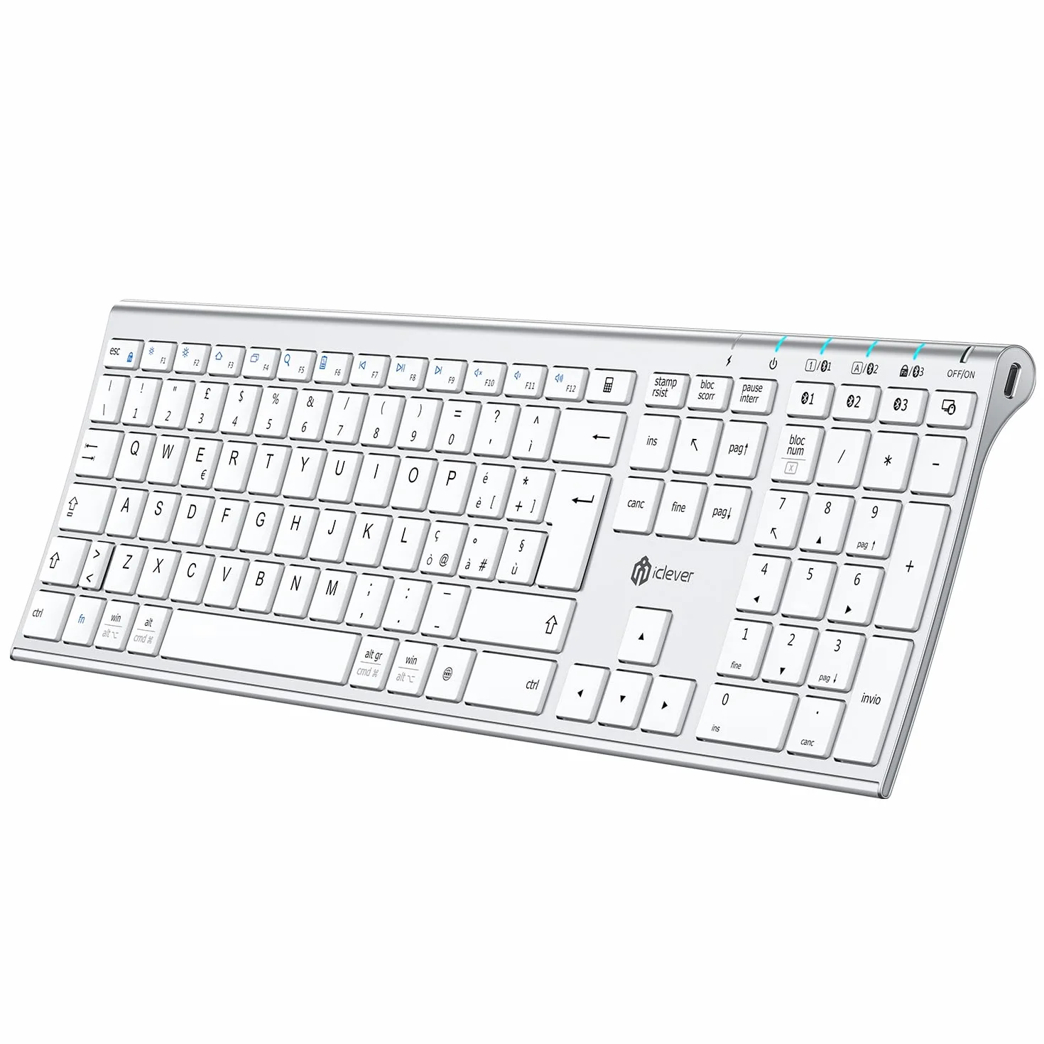 iClever Tastiera Bluetooth Wireless Full Size Layout Italiano QWERTY Ricaricabile USB-C Bluetooth 5.1