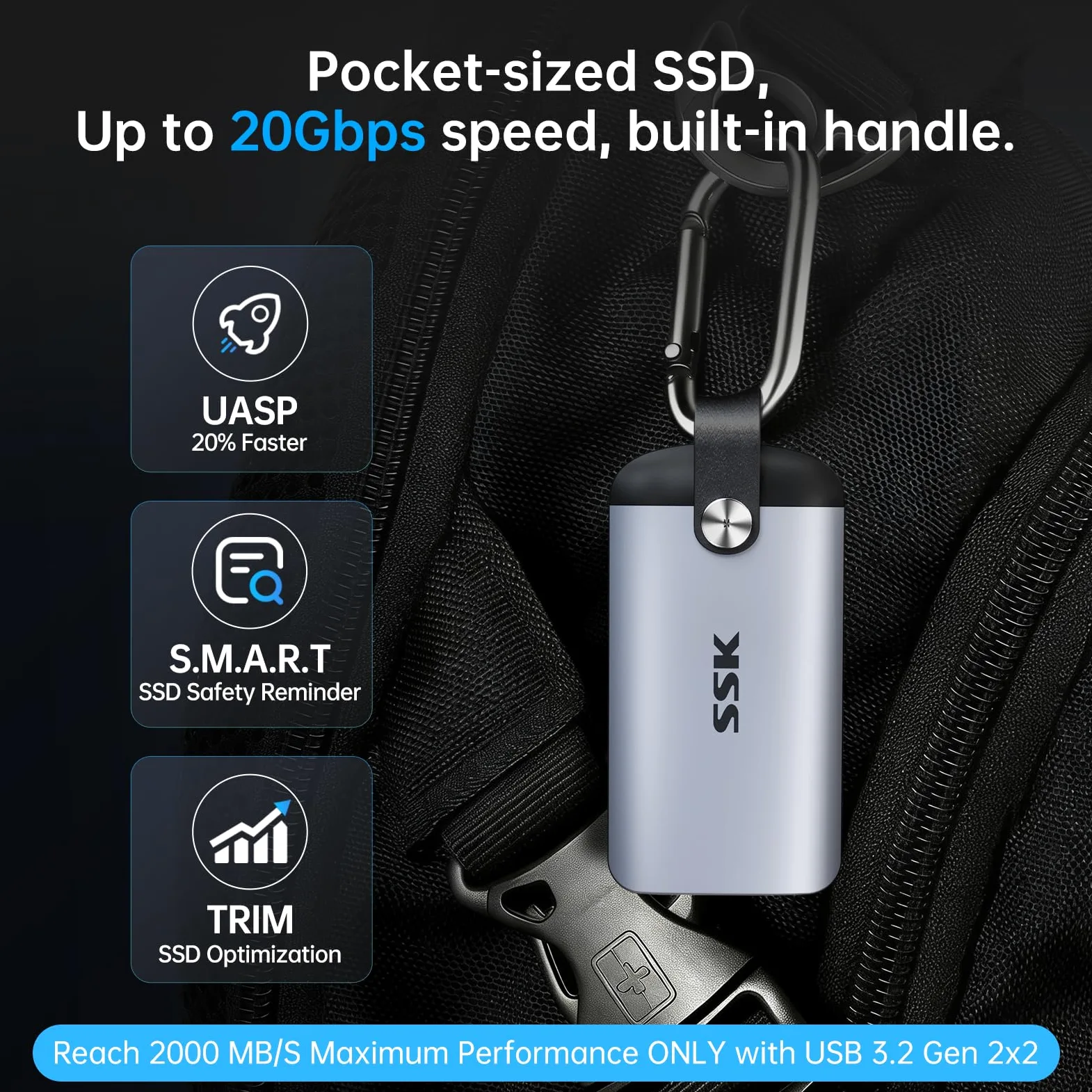 SSK SSD esterno 1TB velocità massima fino a 2000 MB/s Disco rigido USB C portatile solo per USB 3.2 Gen2x2, unità a stato solido esterne con manico in pelle per iPhone 15/16/17/Android/Windows/Tablet