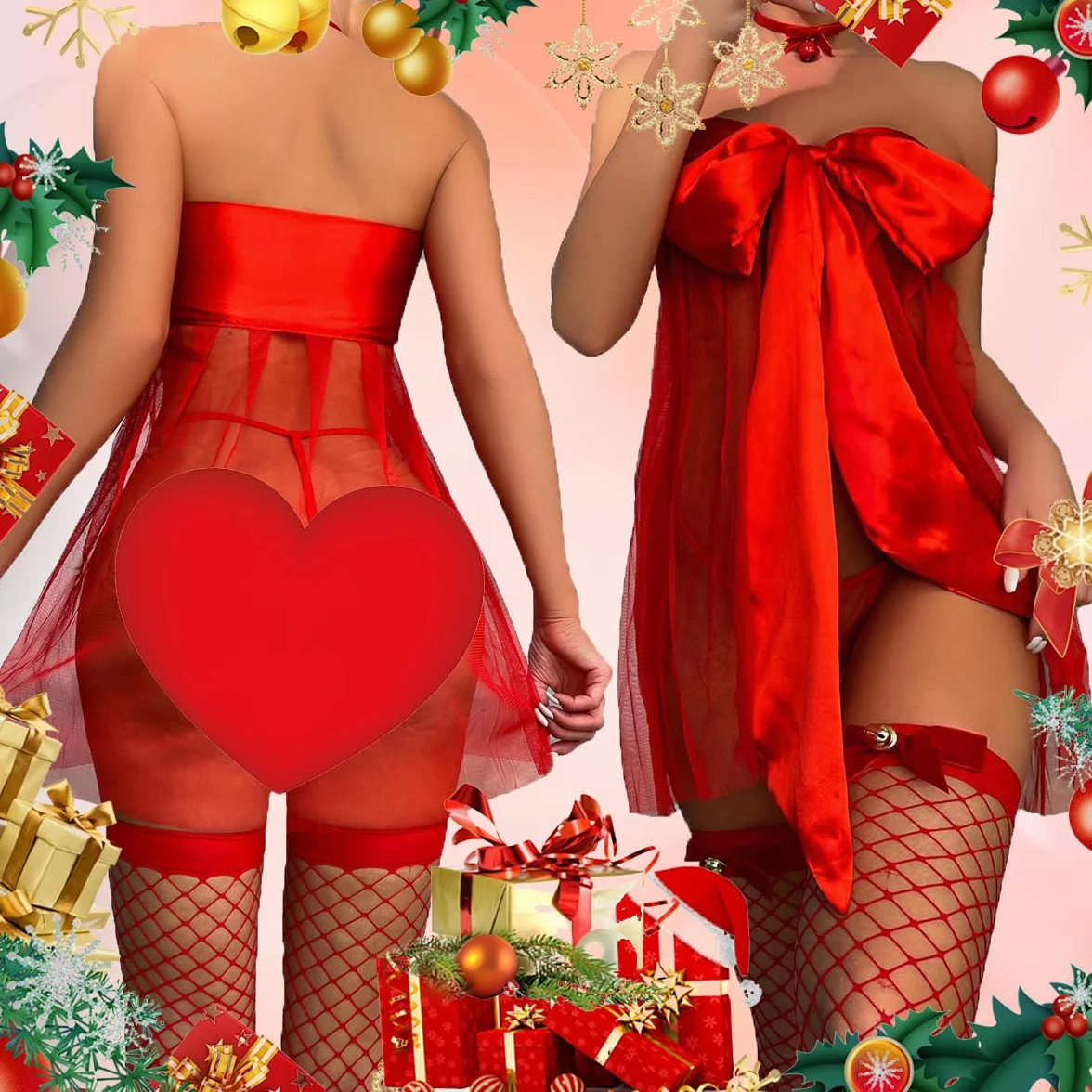Set Lingerie Sexy Natale Rosso Grande Fiocco Raso Tulle Trasparente Senza Spalline Teddy Costumi