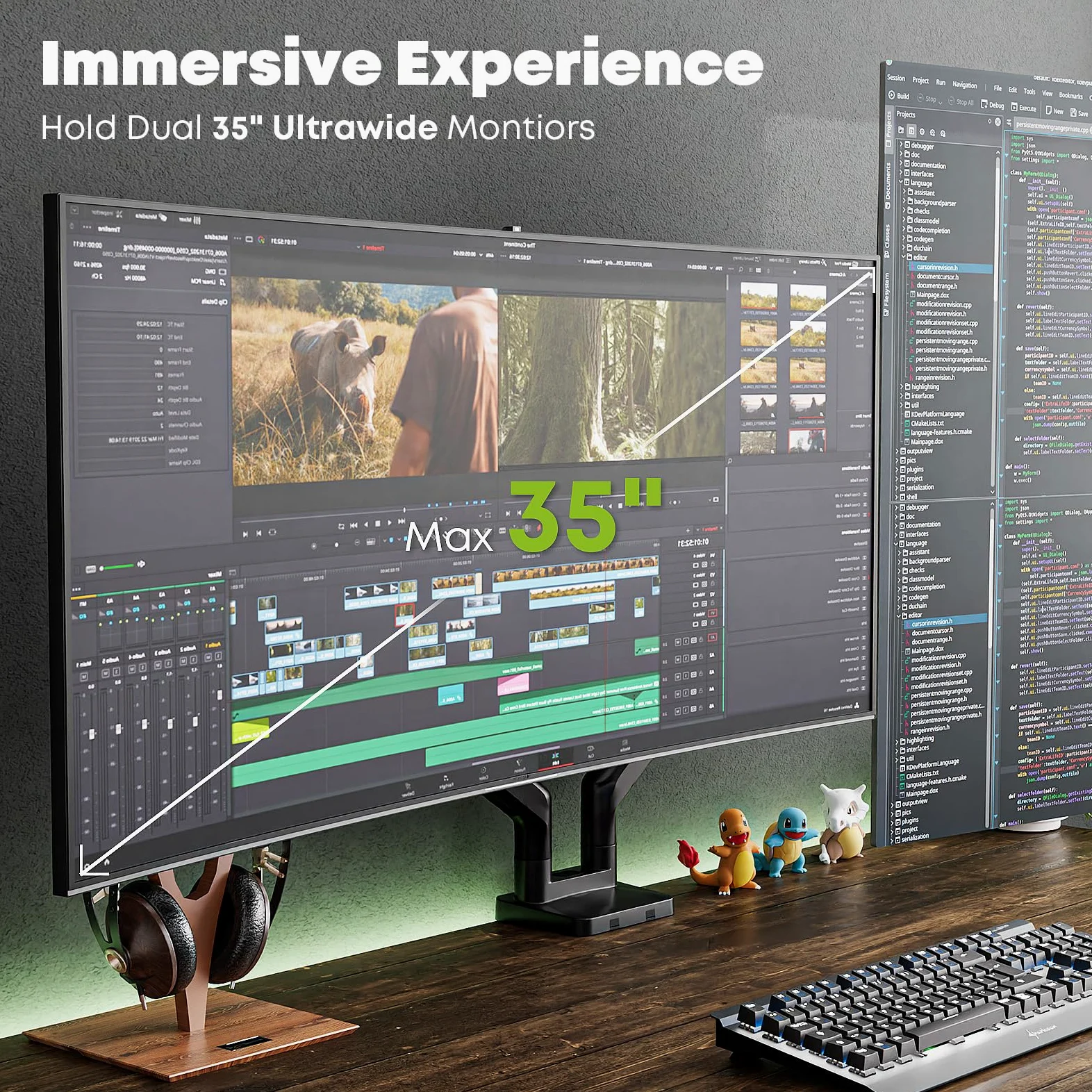 Doppio braccio per monitor per schermi da 17"-35", supporto per monitor per impieghi gravosi con 16 kg per braccio, rotazione e inclinazione regolabili in altezza, VESA 75/100 mm
